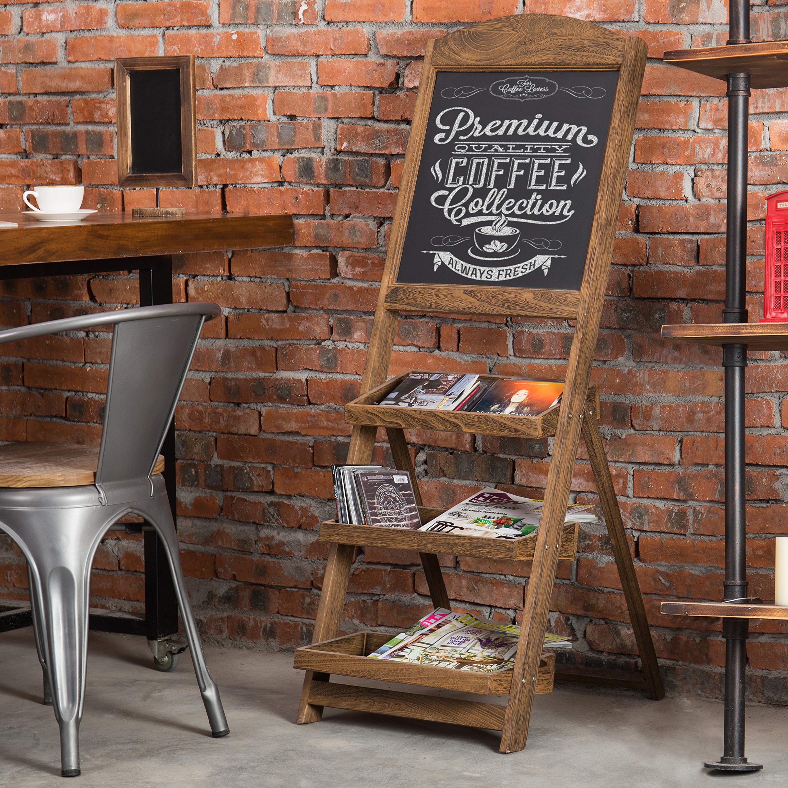 Rustic Burnt Wood Freestanding Chalkboard Easel with 3-Tier Display Shelves - Decorative Chalkboard Plant Stand for Home, Cafe, or Wedding Decor | Perfect for DIY Signs, Menu Boards & Indoor Plant Display