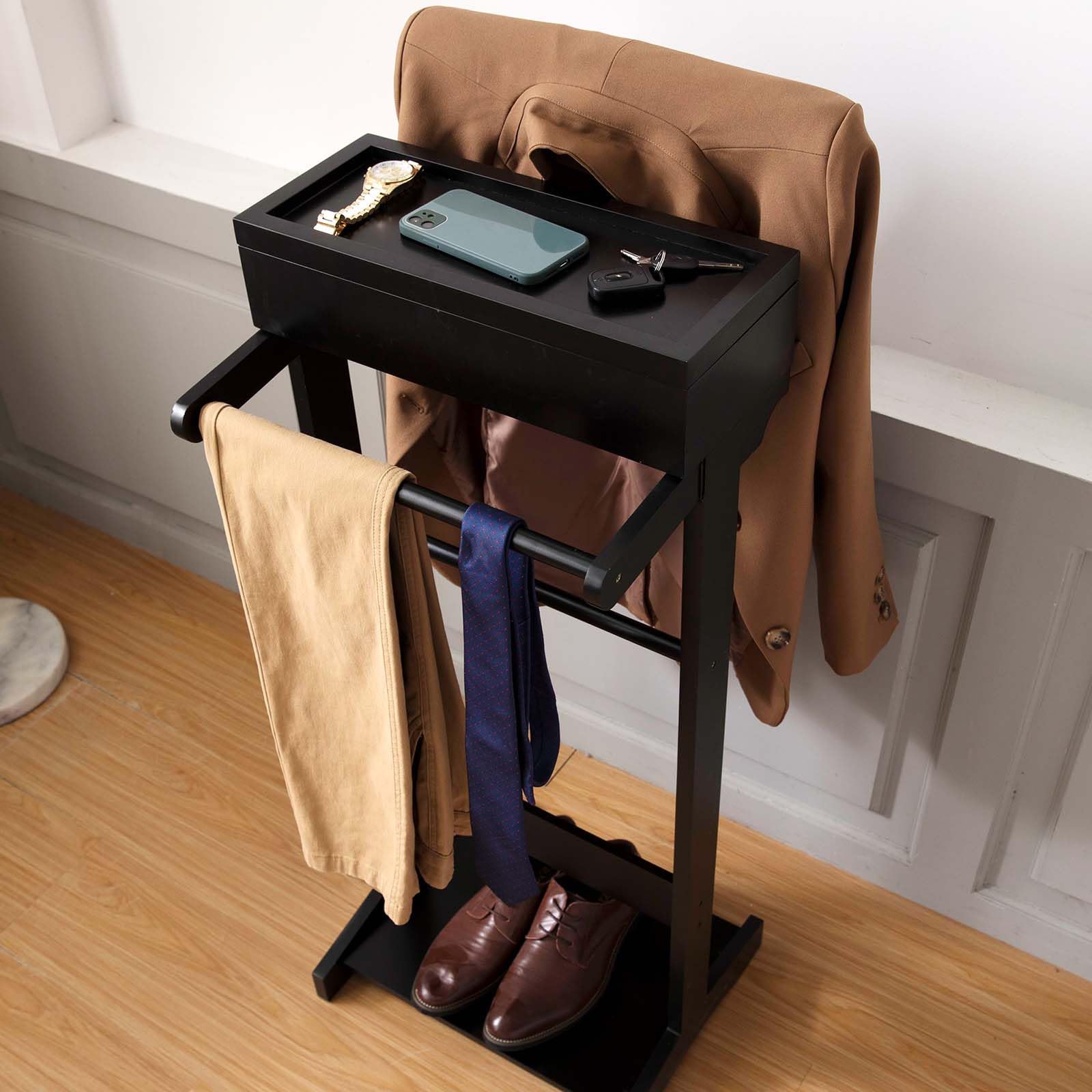 Wooden Valet Stand with Drawer & Trouser Bar - Clothes Hanger Organizer with Belt Storage for Men & Women - Bedroom, Closet & Dressing Room Essential