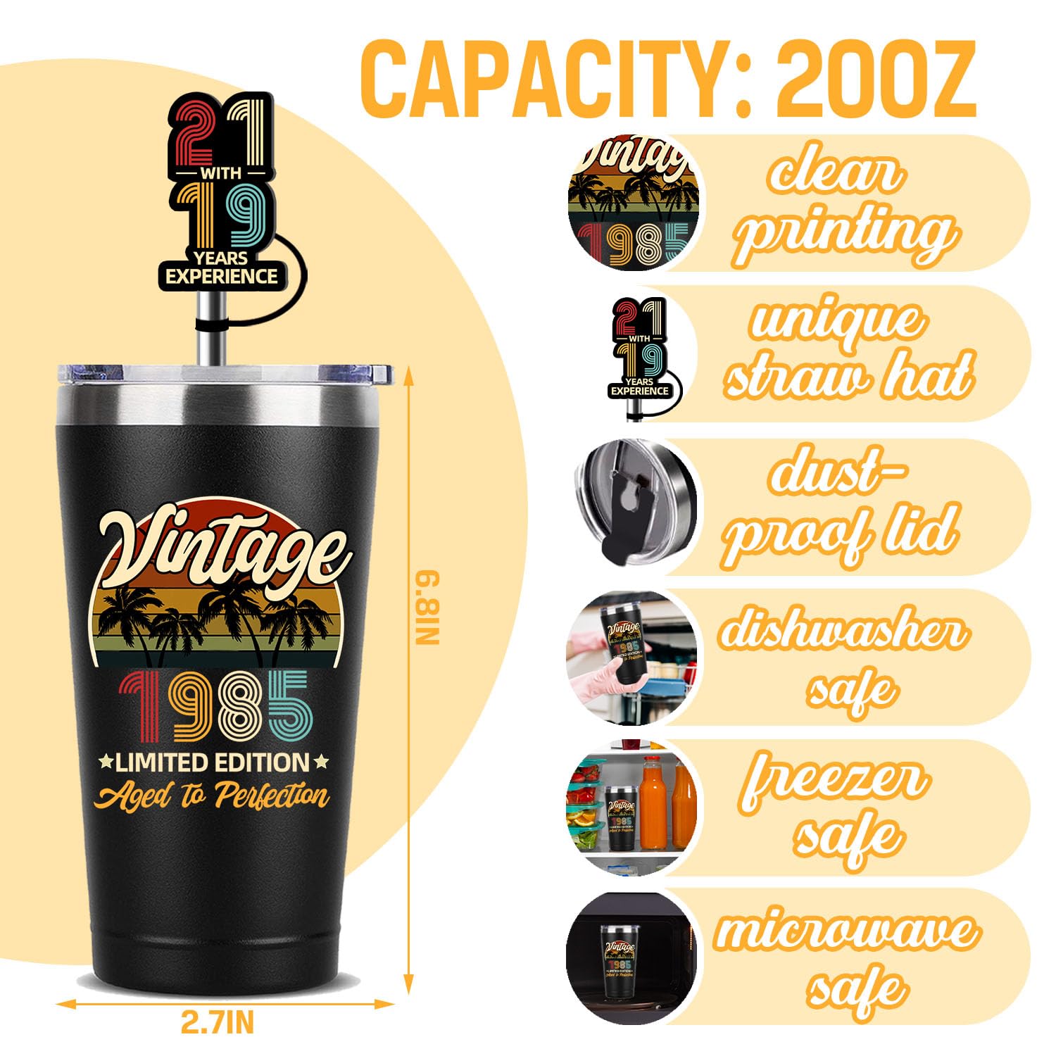 Vintage 40th Birthday Thermos Cup - 20oz Insulated Tumbler with Brush Straw & Straw Cap - Funny 1985 Themed Gift for Men & Women - Perfect for Office, Home & Travel Use