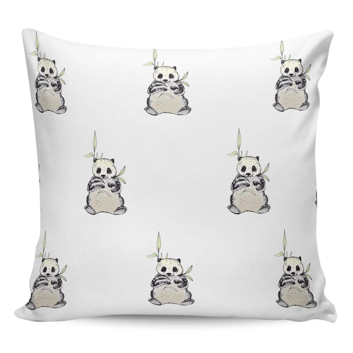 Hand-Painted Panda Eating Bamboo Pillow Cover - 26x26 Inch Square Cotton Linen Decorative Throw Pillow Case for Couch, Sofa, Bedroom & Car - Cute Cartoon Animal Home Decor for Living Room, Nursery & Travel