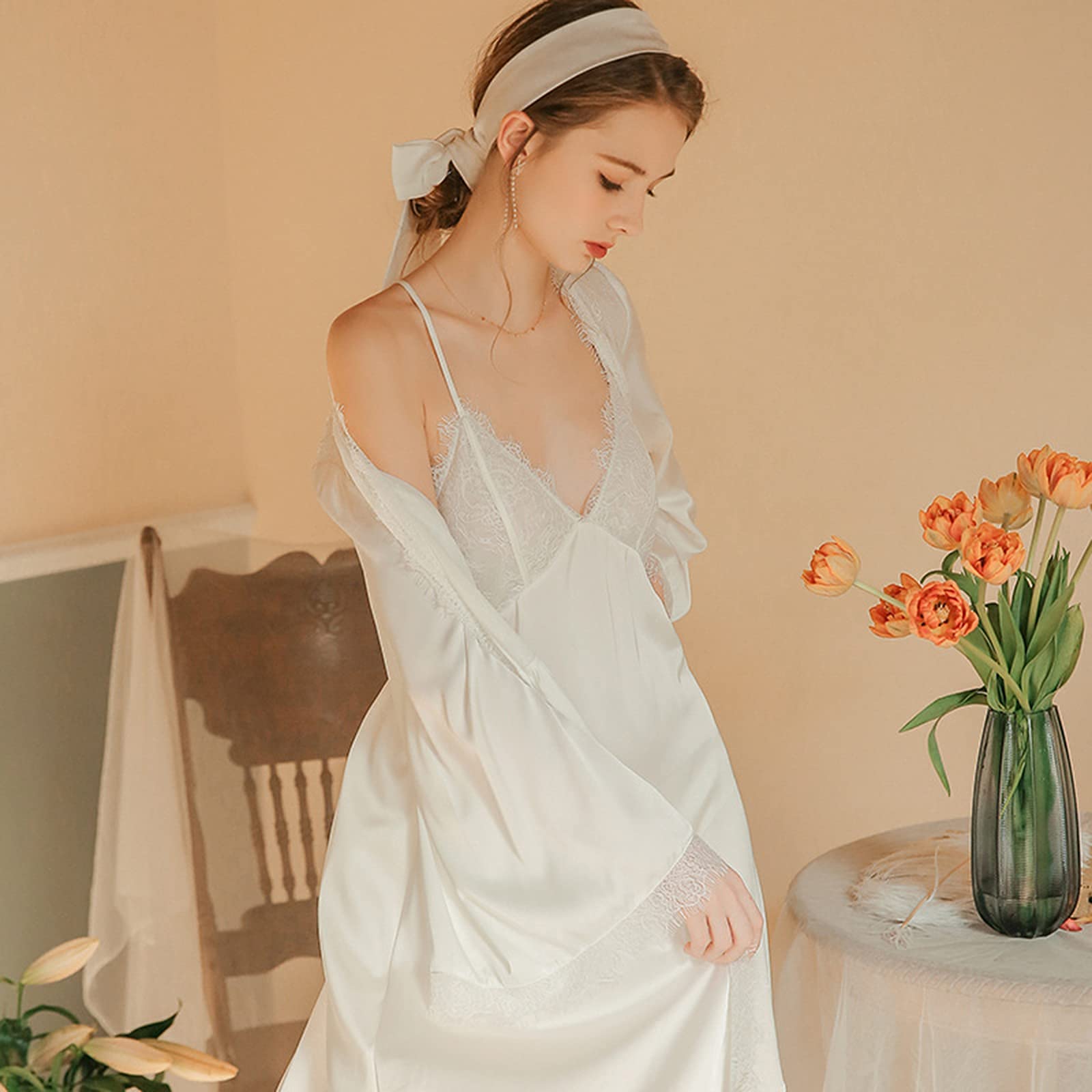 FMOGG Women's Sexy Lace Satin Pajama Set - Long Sleeve Nightgown & Robe with Built-in Bra for Spring/Autumn - Perfect for Sleepwear, Loungewear & Romantic Nights