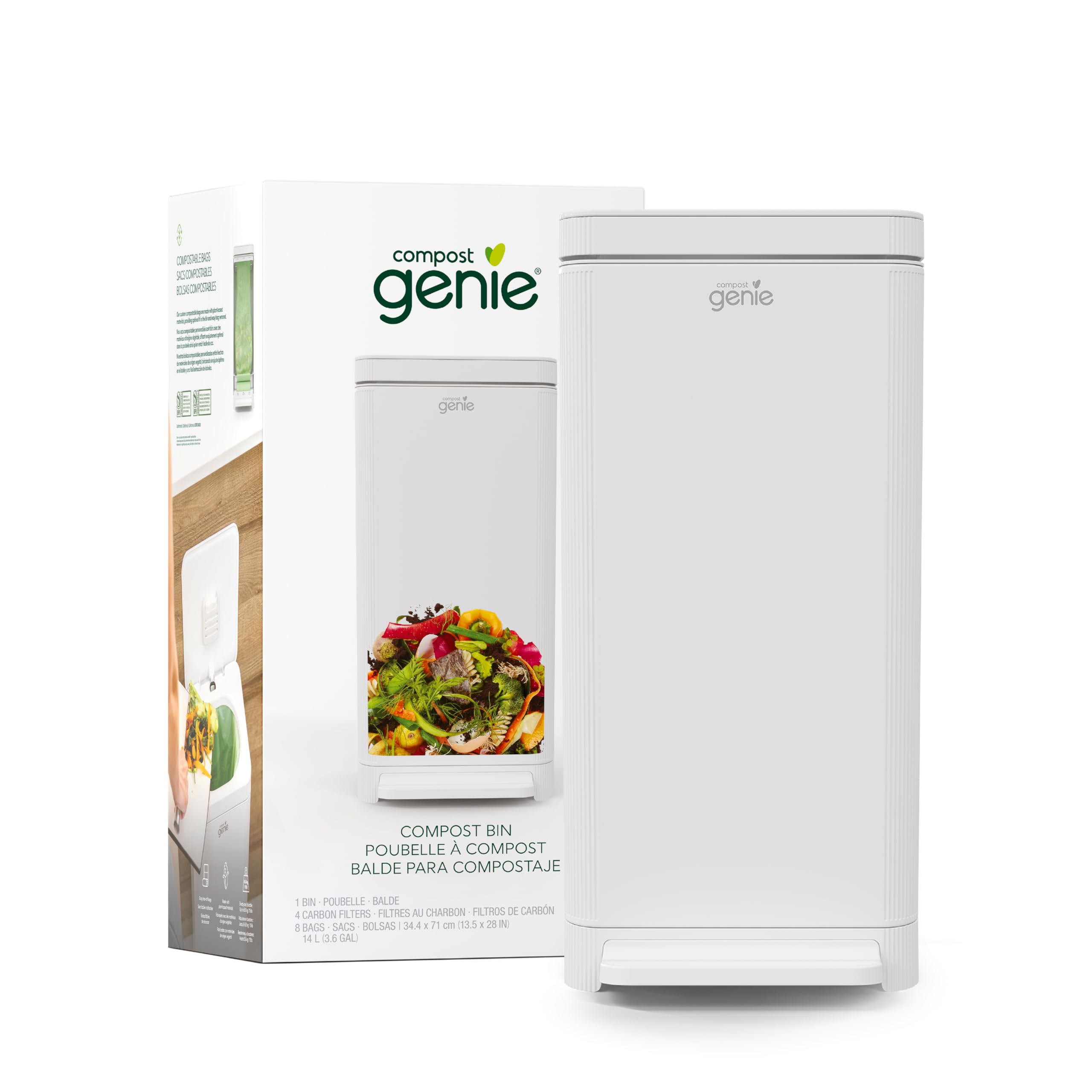Stainless Steel Kitchen Compost Bin - 3.6 Gallon Large Odorless Indoor Composter with 8 Compostable Bags & 4 Carbon Filters - Hands-Free, Washable Design for Eco-Friendly Food Waste Recycling in Home, Apartment, or Office Kitchen