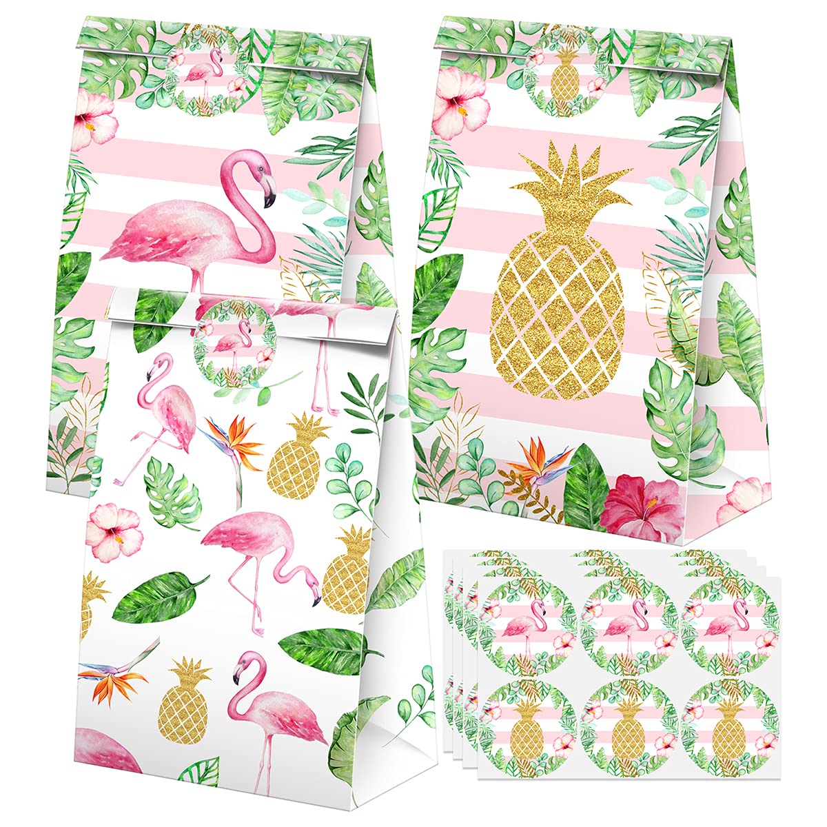 BonBeeDesign Flamingo Party Favors Candy Bags with Stickers - Pineapple Goodie Gift Treat Bags for Birthday Parties - Flamingo Themed Party Supplies for Baby Showers, Pool Parties & Summer Events