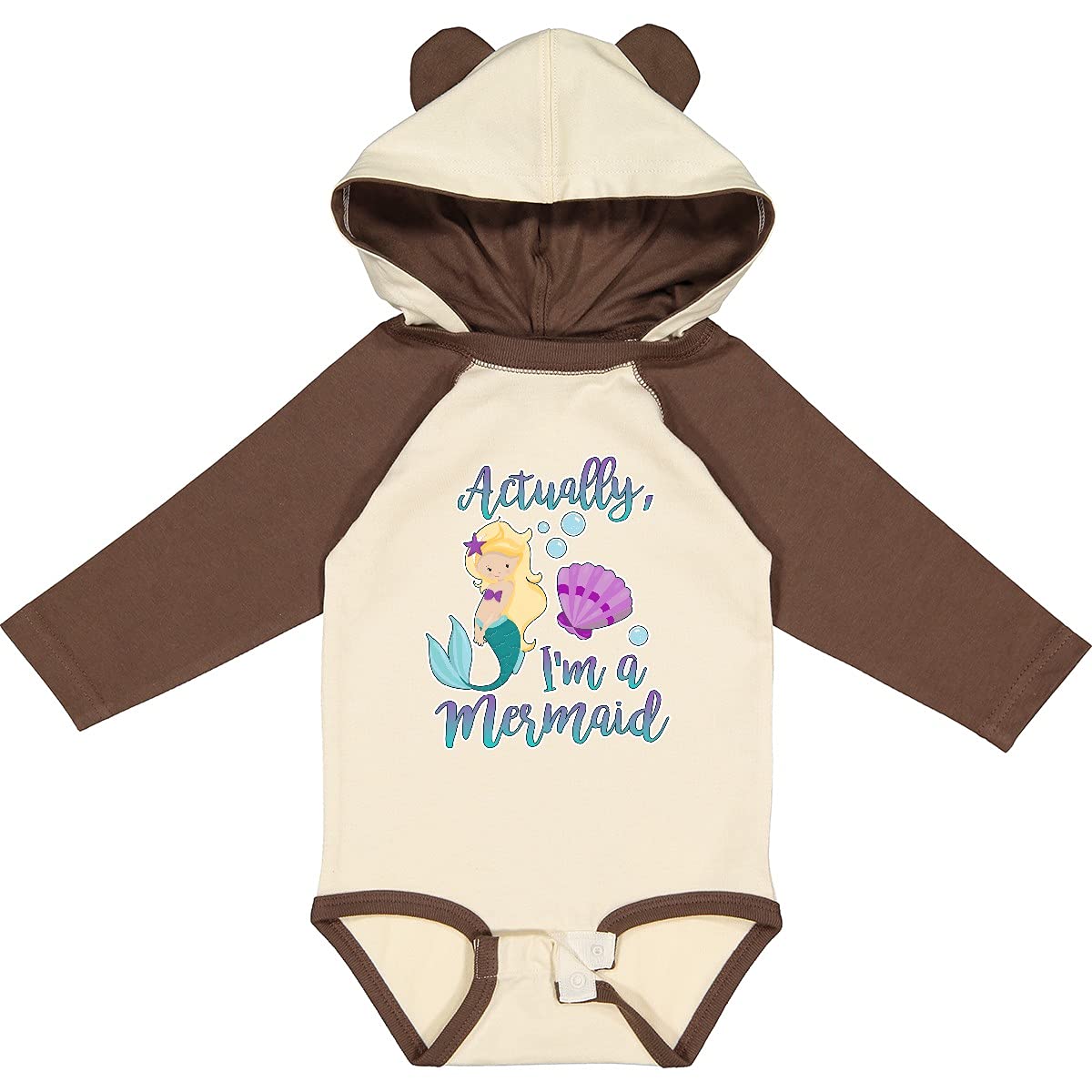 Inktastic 'Actually I'm a Mermaid' Long Sleeve Creeper with Seashell & Bubble Design - Perfect for Beach Parties, Mermaid-Themed Events & Casual Wear