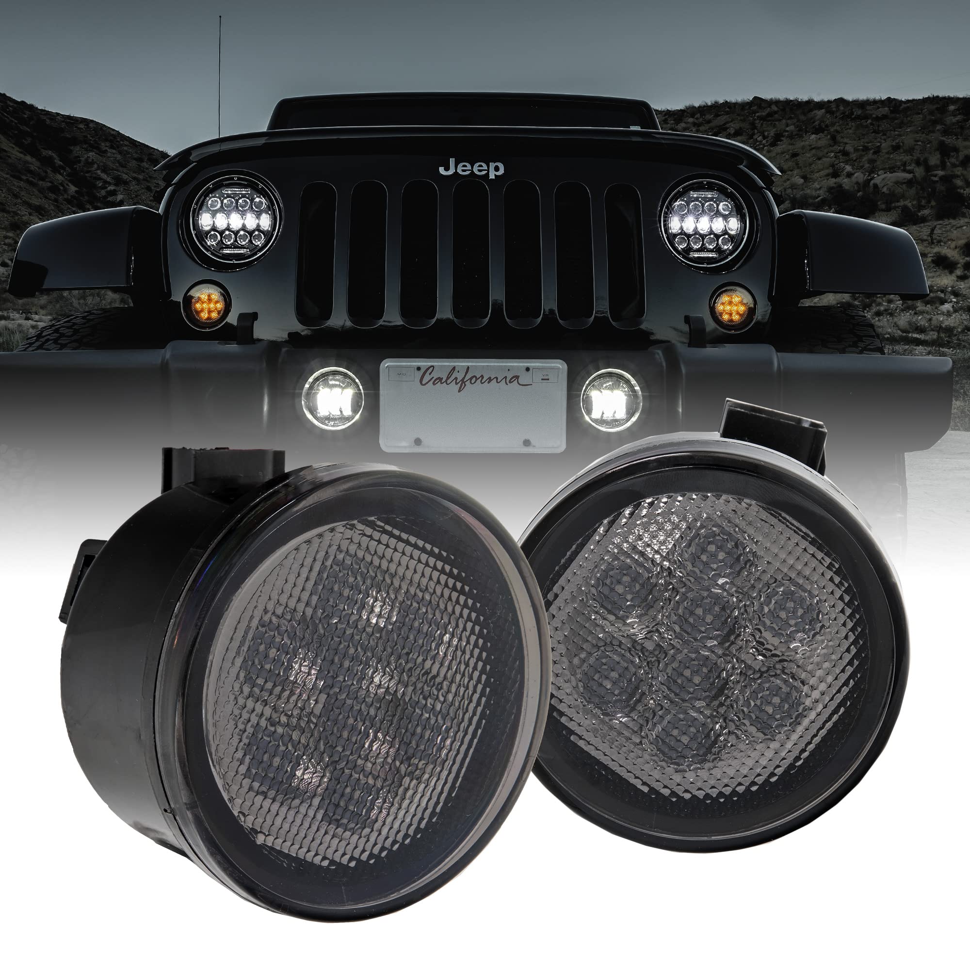TRUE MODS LED Turn Signal Lights Replacement for Jeep Wrangler JK Unlimited 2007-2018 - Smoked Lens Amber DRL Running Lights - Upgrade Your Jeep Accessories for Enhanced Visibility & Style on Off-Road Adventures