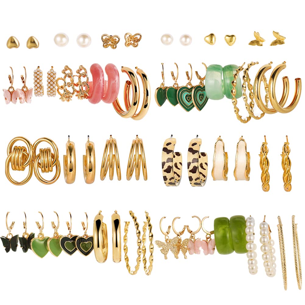 51 Pairs Gold Hoop Earrings Set for Women & Girls - Pearl Dangle Earrings Pack for Multiple Piercing | Trendy Jewelry Gift for Parties, Weddings & Everyday Wear