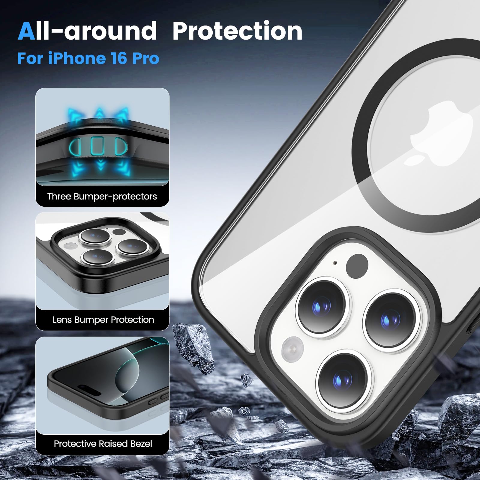 Premium Temdan iPhone 16 Pro Sleeve Case - Magsafe Compatible, Anti-Yellowing, Military-Grade Shockproof Protection - Ultra Slim Clear Black Phone Cover for Daily Use, Travel & Outdoor Activities