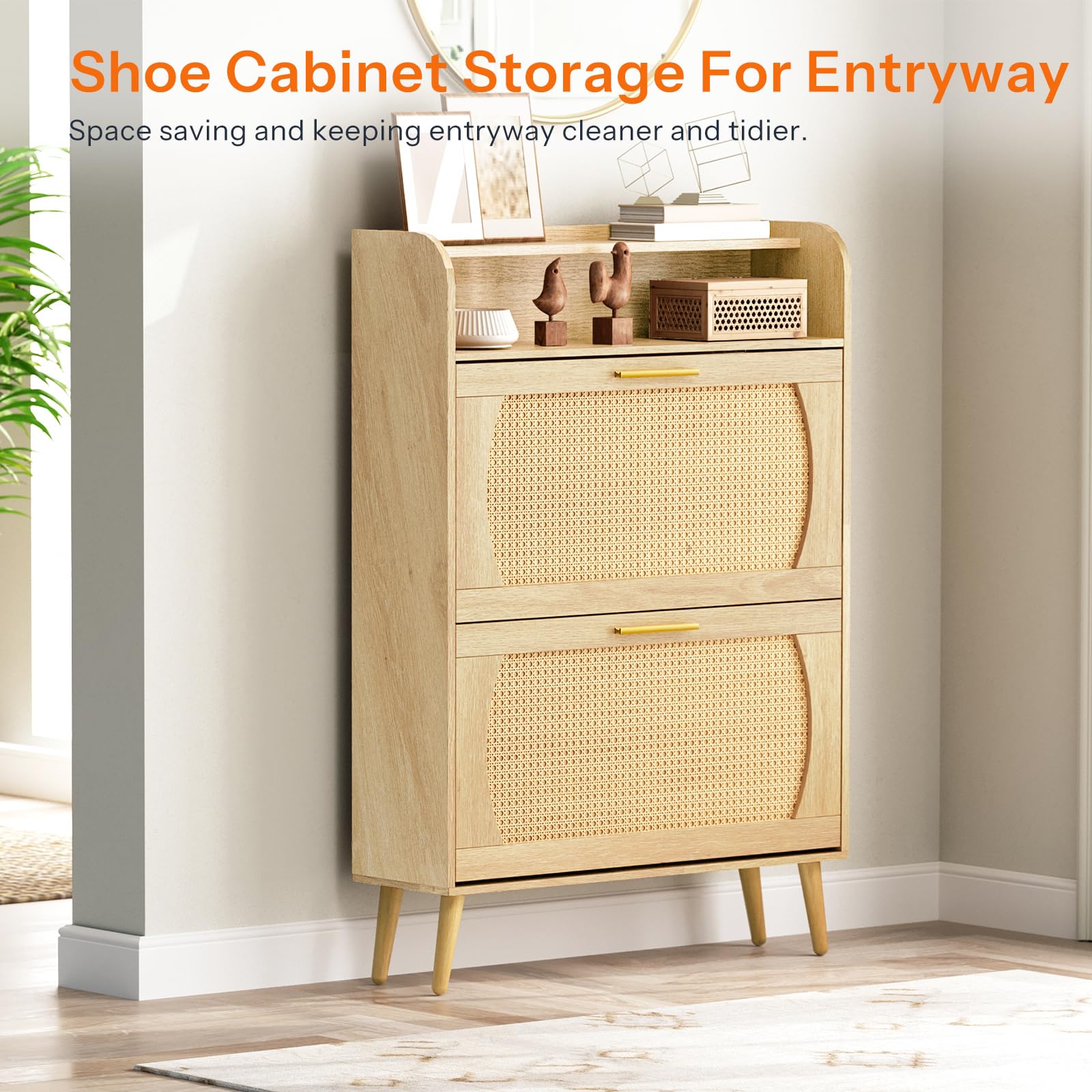 HOOBRO Rattan Shoe Storage Cabinet with 2 Flip Drawers - Adjustable Shelves Entryway Shoe Organizer for Hallway & Living Room - Natural Bamboo Shoe Rack for Small Spaces (NN80SC01) | Perfect for Apartment Entry, Closet Organization & Home Decor