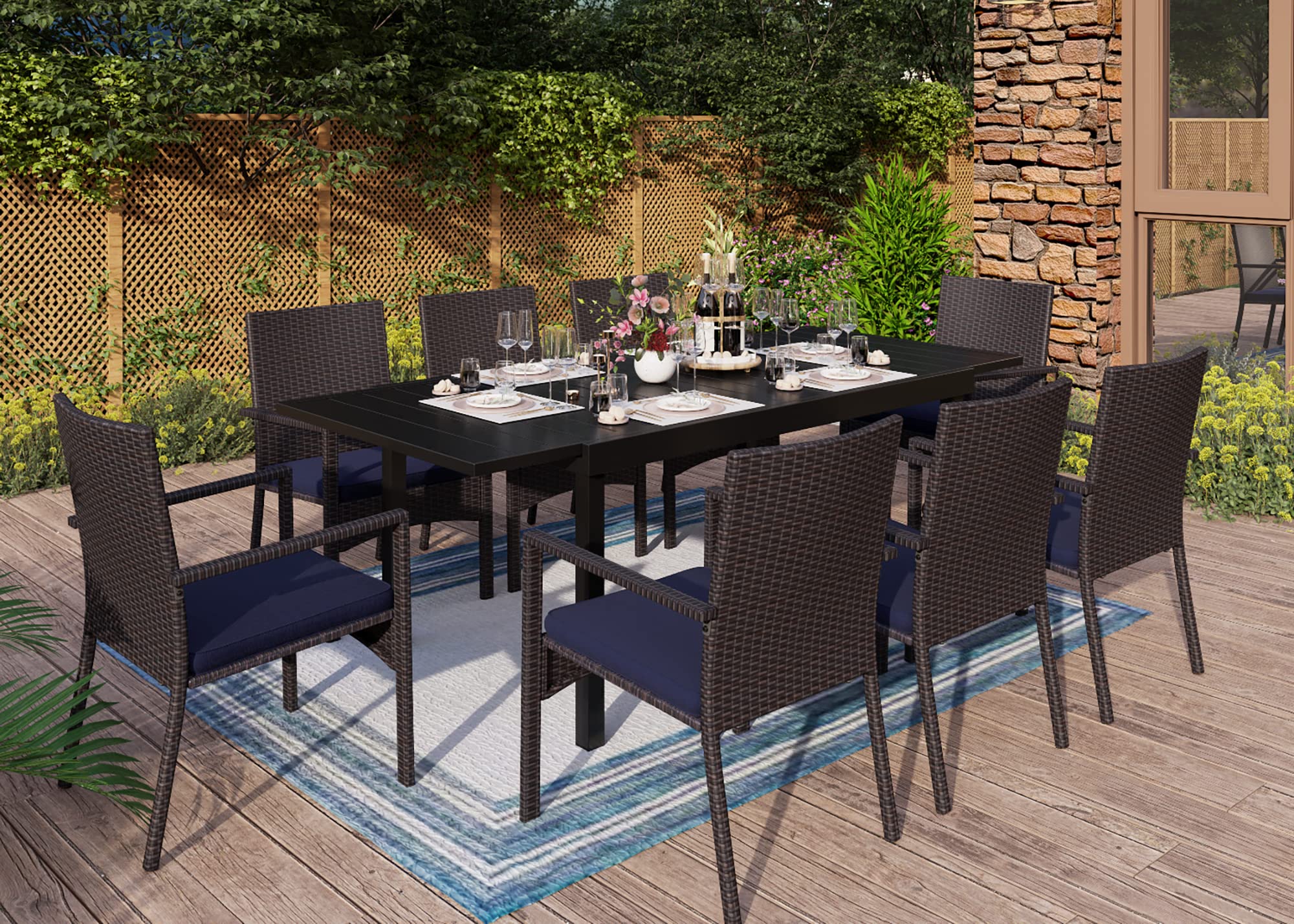 MFSTUDIO 9-Piece Outdoor Patio Dining Set - Extendable Rattan Table & 8 Wicker Chairs - All-Weather Garden Furniture for Backyard, Poolside & Outdoor Entertaining