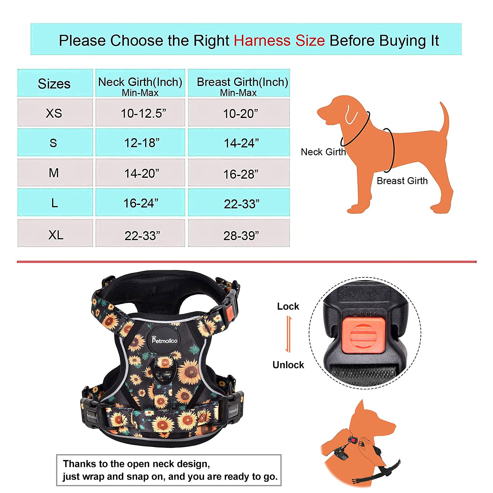 Petmolico No Pull Dog Harness Set with Leash - Reflective Adjustable Vest for Small Dogs & Puppies, Easy Control Handle & Poop Bag Holder - Sunflower Pattern - Perfect for Walking, Training & Outdoor Adventures