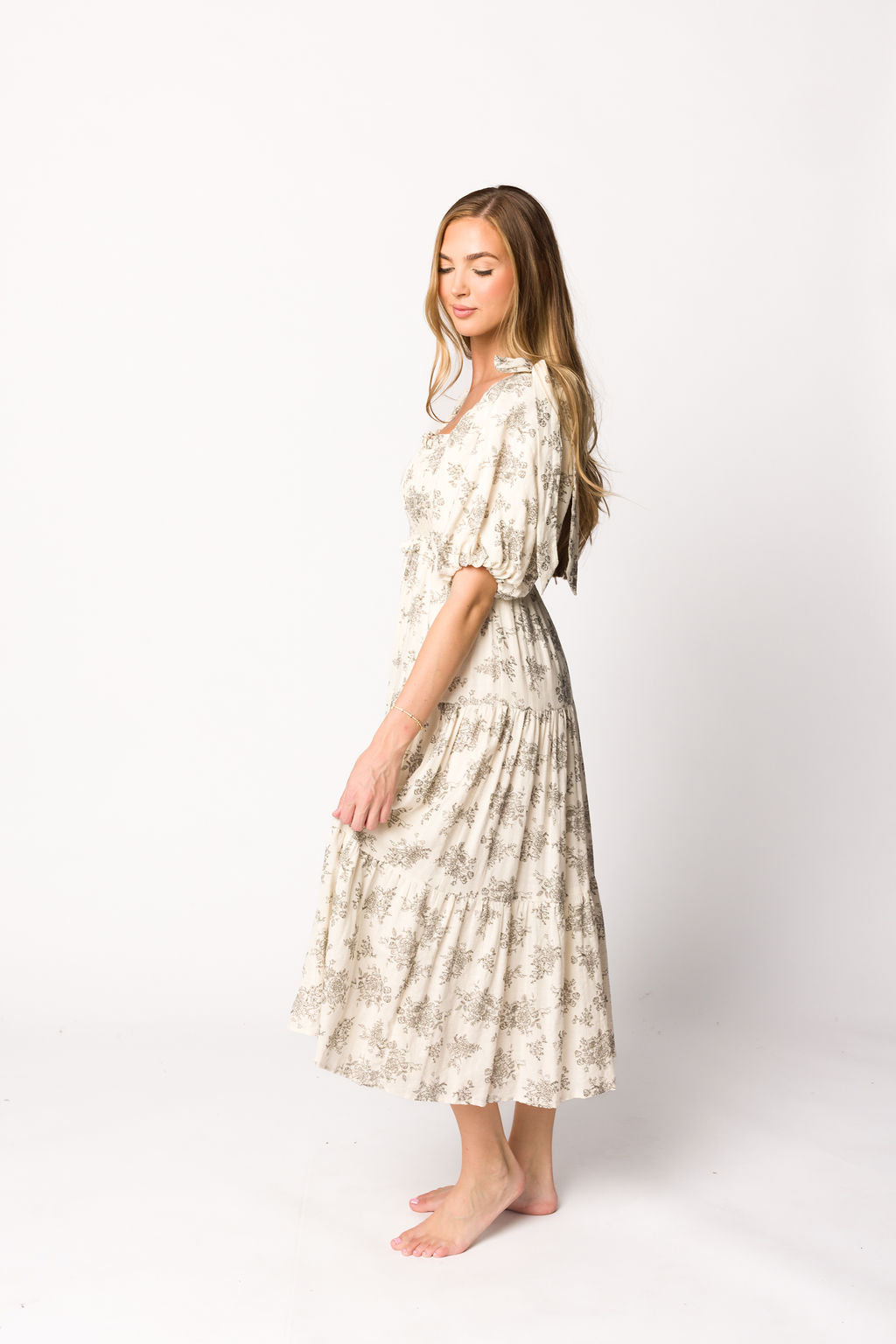 Elena Floral Toile Print Smocked Maternity Midi Dress in Ivory - Bump Friendly Summer Dress for Baby Shower, Brunch & Special Occasions