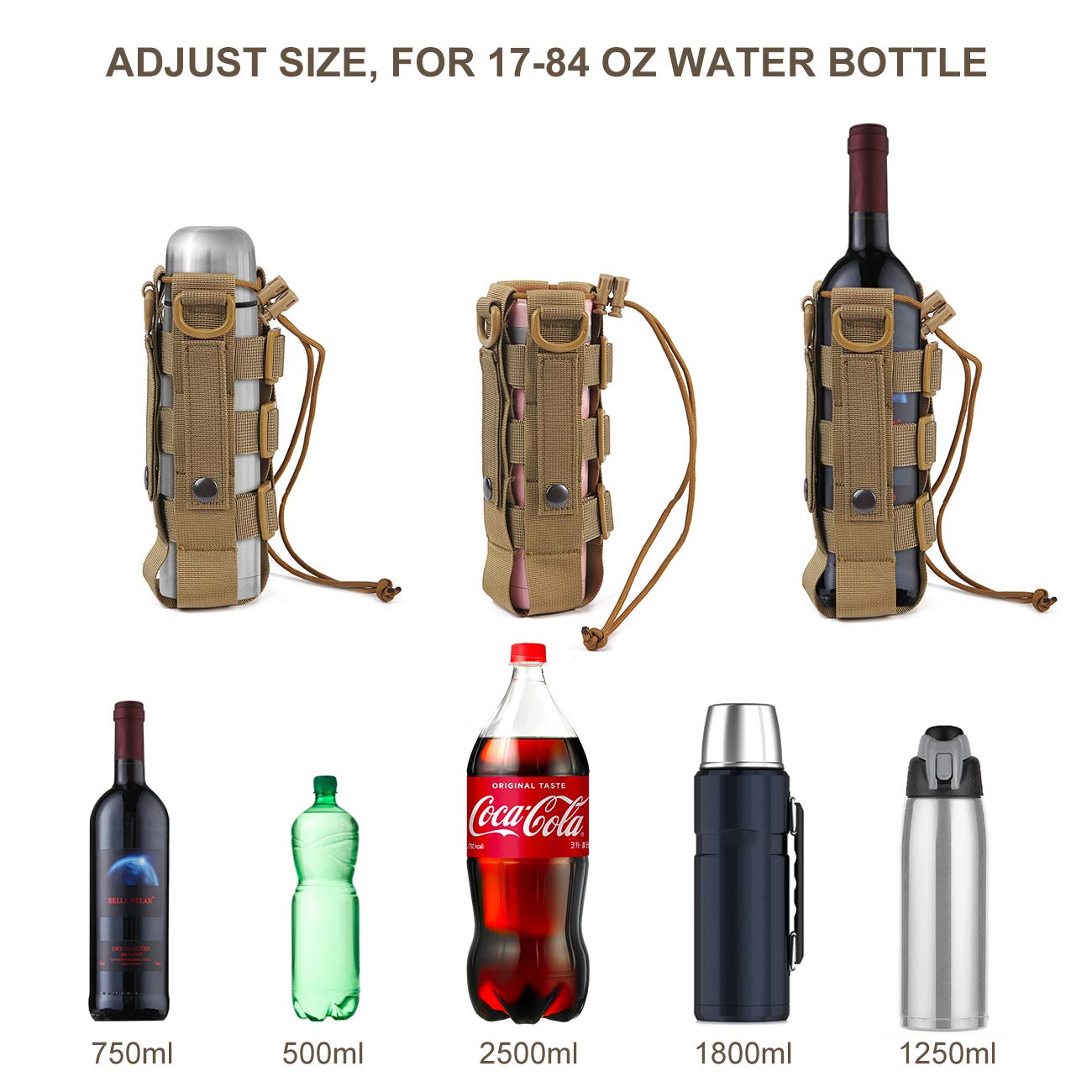 WICHEMI MOLLE Water Bottle Pouch - Tactical Hydration Holder with Adjustable Straps for 17-84 Oz Bottles (Brown) - Perfect for Hiking, Camping & Outdoor Adventures