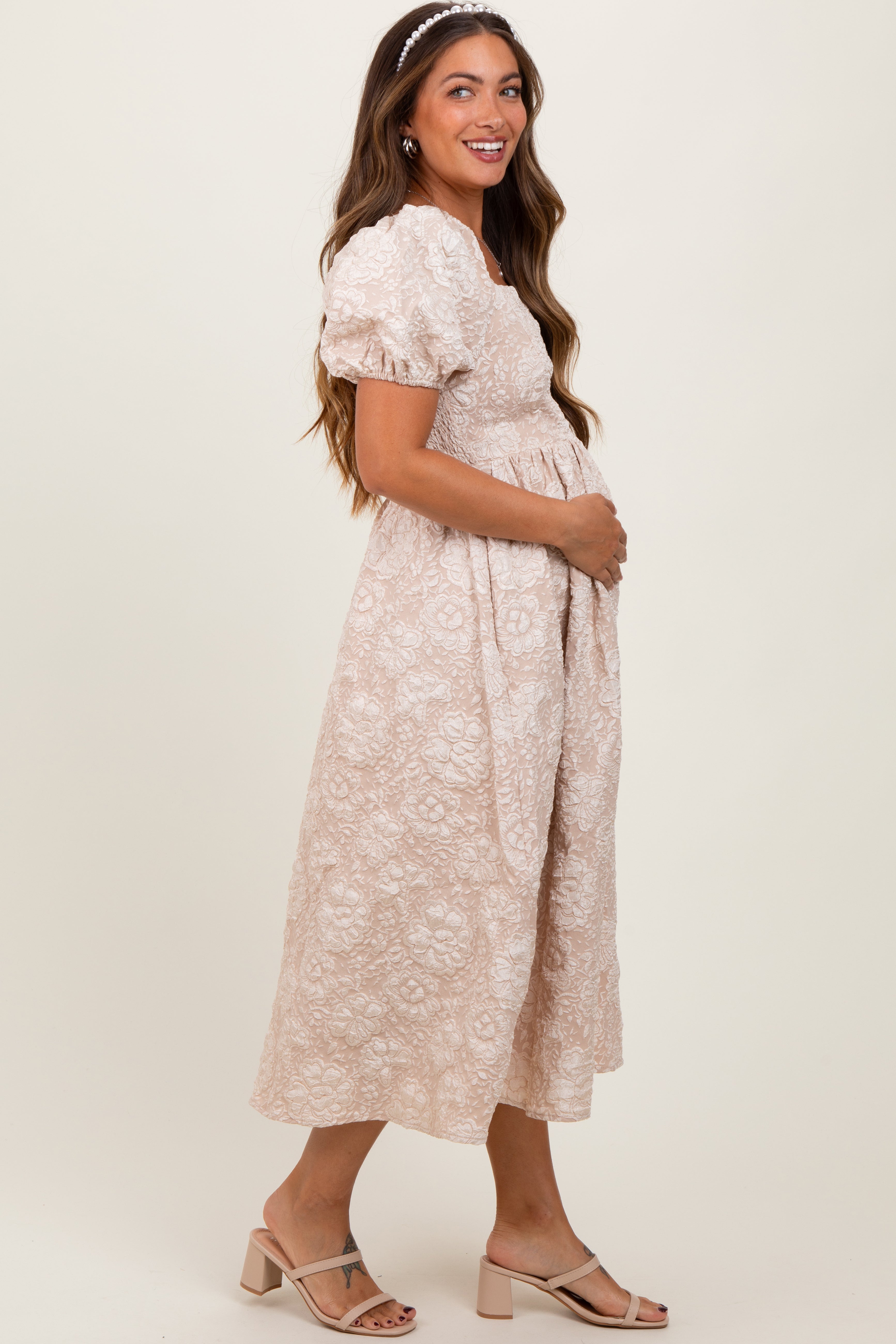 Beige Floral Jacquard Knit Puff Sleeves Maternity Midi Dress for Pregnancy Photos, Baby Shower & Special Occasions
