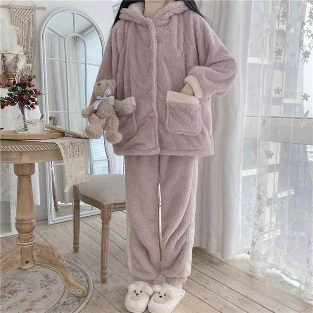AUBERSIT Women's Winter Pajama Set - Soft Coral Velvet Shirt & Pants Warm Sleepwear, Cozy Homewear Outfit (Purple, One Size) - Perfect for Cold Nights & Relaxing at Home