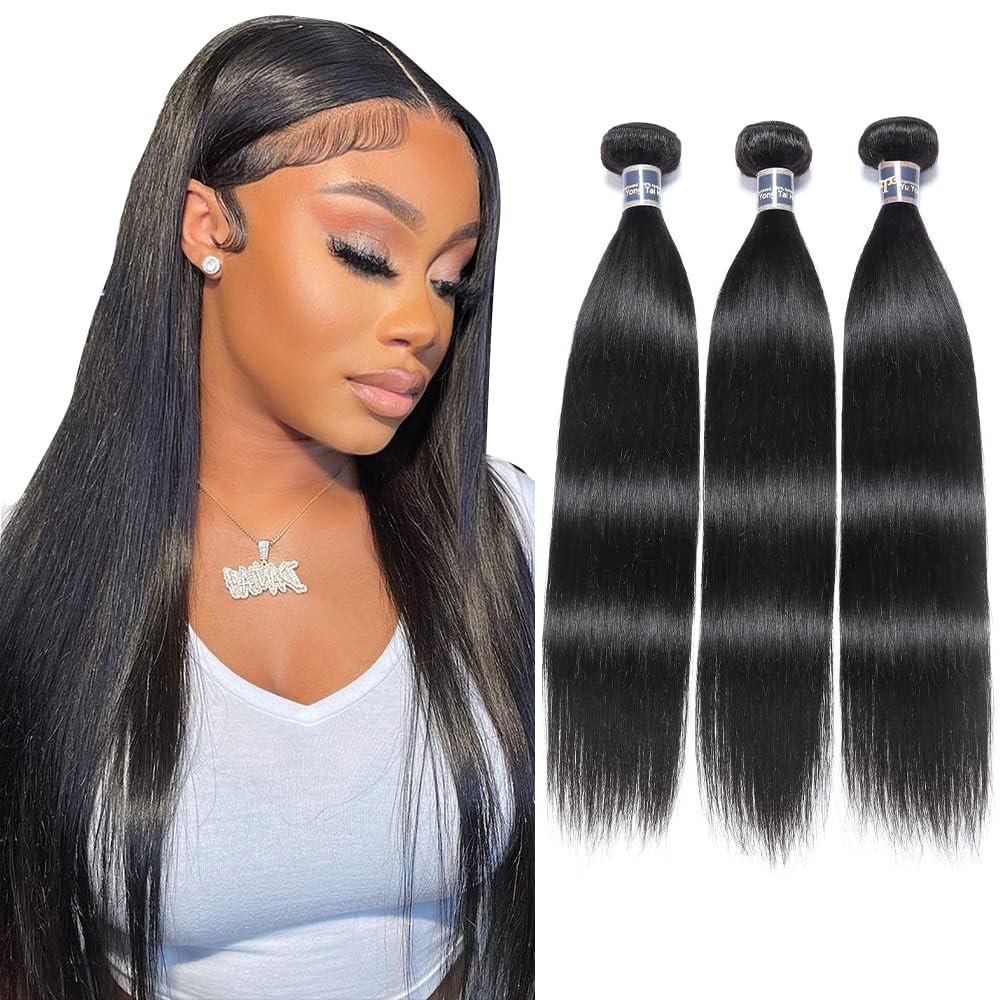 100% Unprocessed Malaysian Straight Virgin Hair Bundles 12 14 16 Inches - No Tangling No Shedding Human Hair Extensions (1B Color) for Styling, Weaving & Everyday Wear