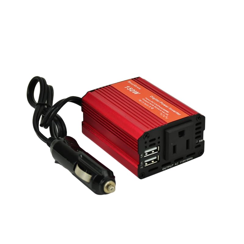 150W Red Car Power Inverter DC 12V to AC 110V Converter with Dual USB Ports (2.1A+1A) - Portable Charger for Phones, iPad, Laptop, Camera - Ideal for Road Trips, Camping & Emergency Power Outages