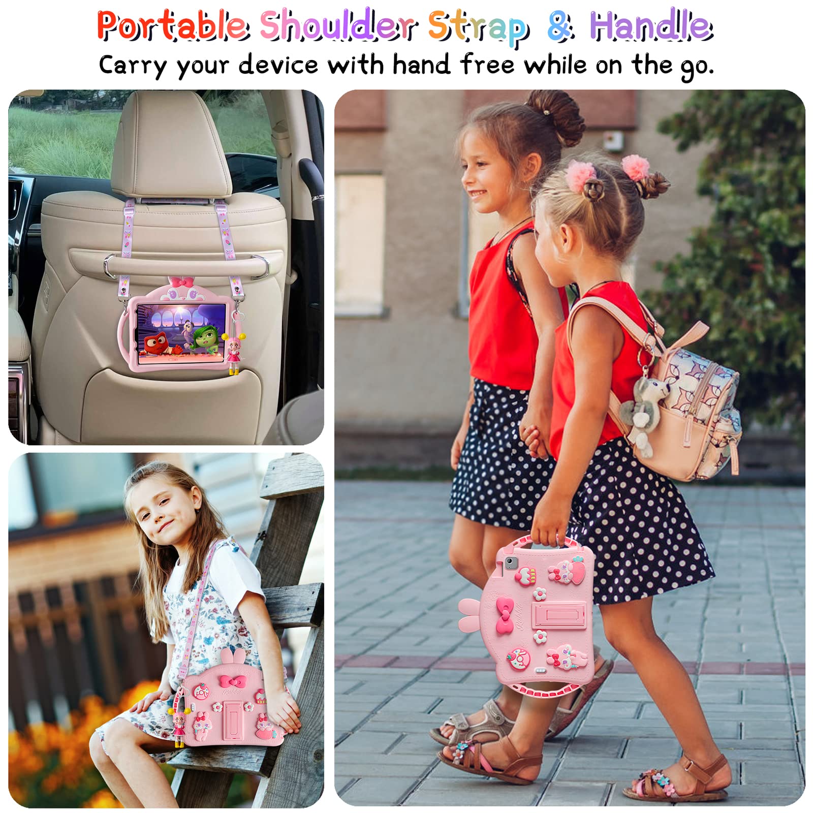 iPad Air 5th/4th Gen & iPad Pro 11 Inch Case with Adjustable Shoulder Strap - Cute Rabbit Soft Silicone Protective Cover for Girls - Perfect for School, Travel, and Daily Use