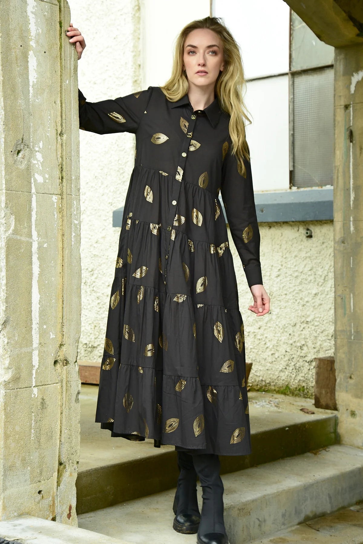 Sun & The Swoon Black Gold Detail Maxi Dress for Women - Elegant Floral Print Long Dress for Summer, Beach, Party & Special Occasions