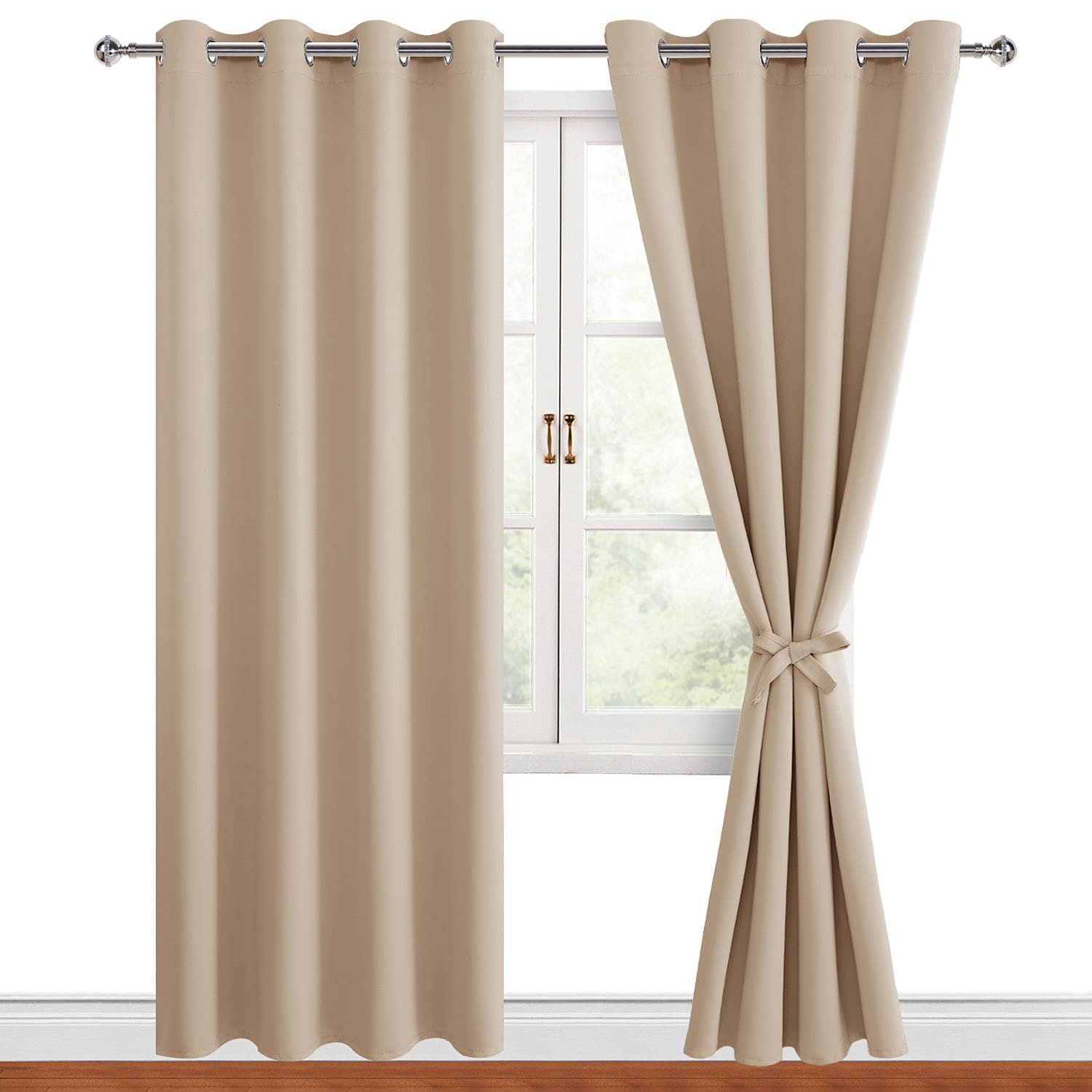 Blackout Curtains 52x96 Inches - Thermal Insulated Energy Saving Window Drapes for Bedroom & Living Room, 2 Panels with Tiebacks, Beige - Perfect for Home Theater, Nursery & Light Sleepers
