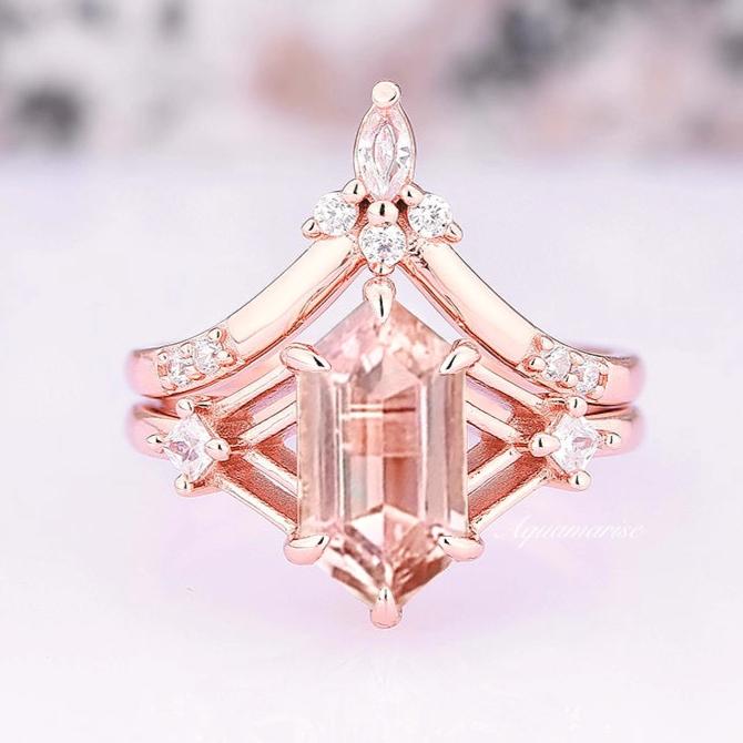 Celtic Hexagon Morganite Ring Set - 14K Rose Gold Vermeil Engagement & Wedding Jewelry for Women - Perfect for Bridal, Anniversary & Romantic Gifts