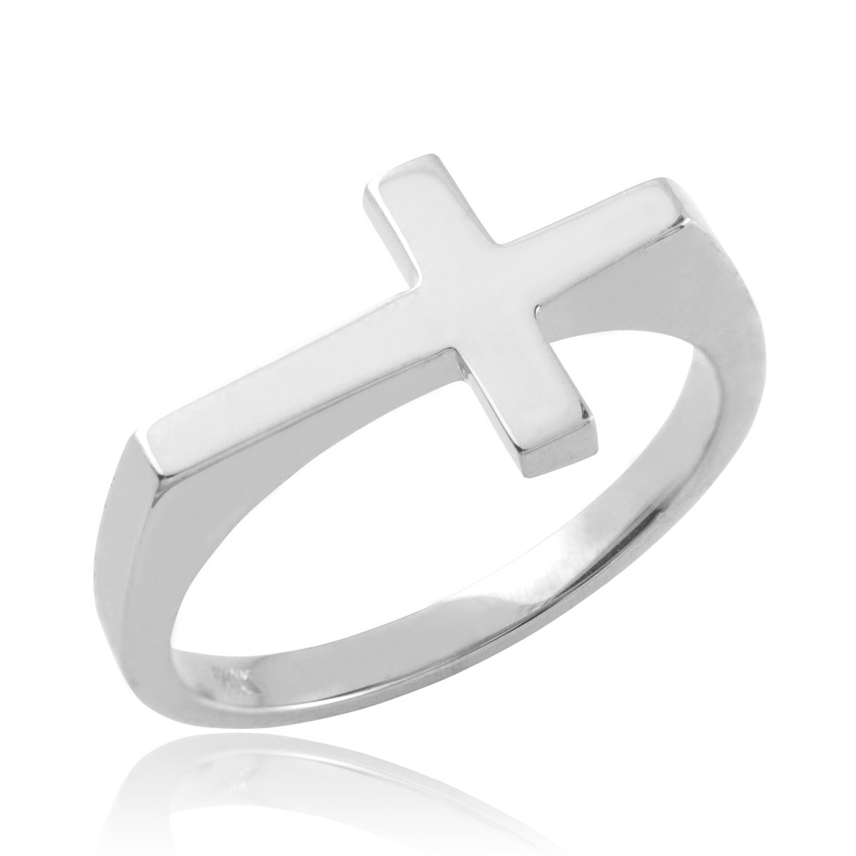 14k White Gold Flat Top Sideways Cross Ring - Matte Finish for Women | Minimalist Religious Jewelry for Everyday Wear, Gifts & Special Occasions