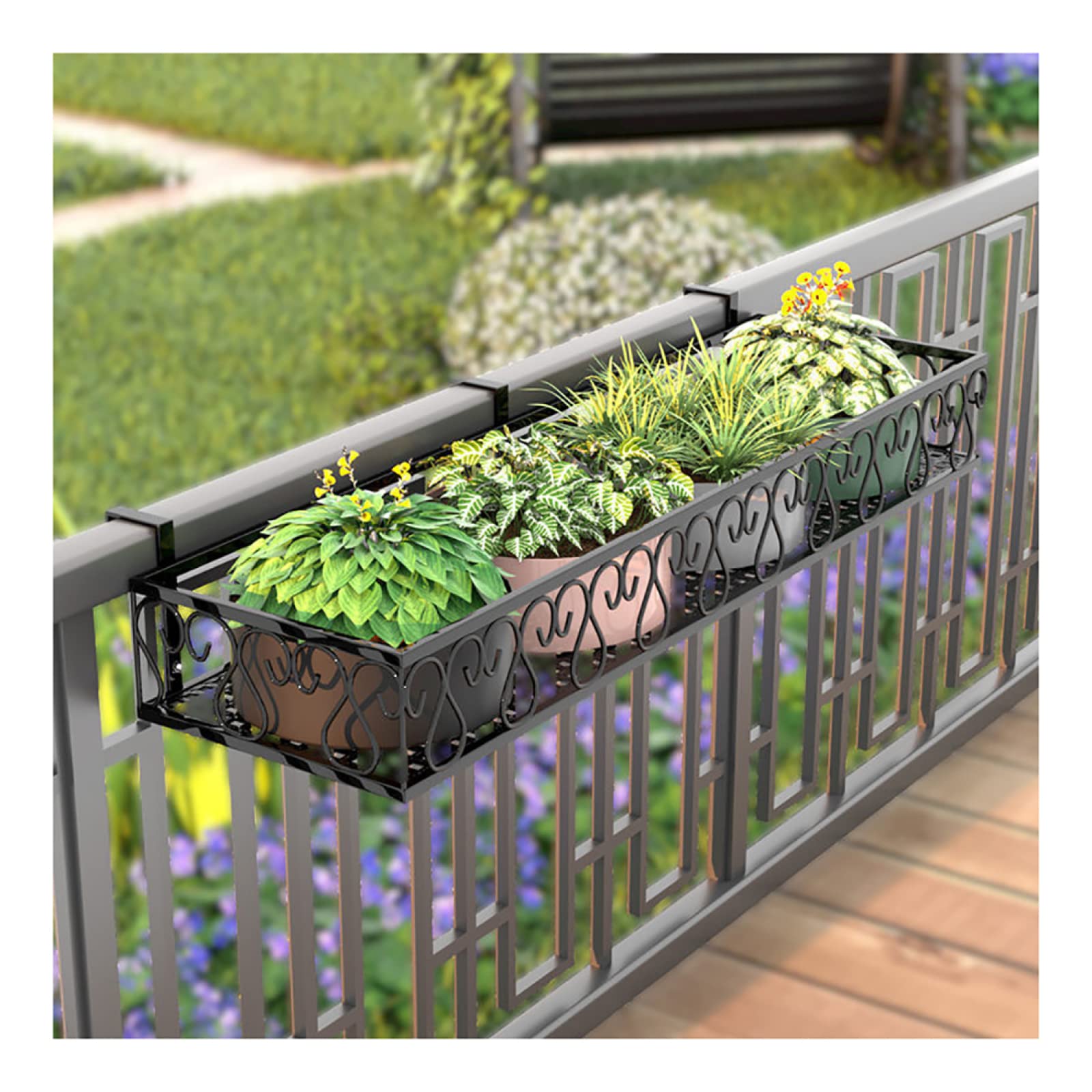 Farmhouse Style Iron Hanging Flower Basket Shelf with Hooks - Rustic Metal Floating Planter Display for Indoor Outdoor Garden, Balcony, Fence, Patio Decor - 47.2x7.8x4.9 Inches (120x20x12.5cm) - Perfect for Hanging Plants, Herbs, and Decorative Items