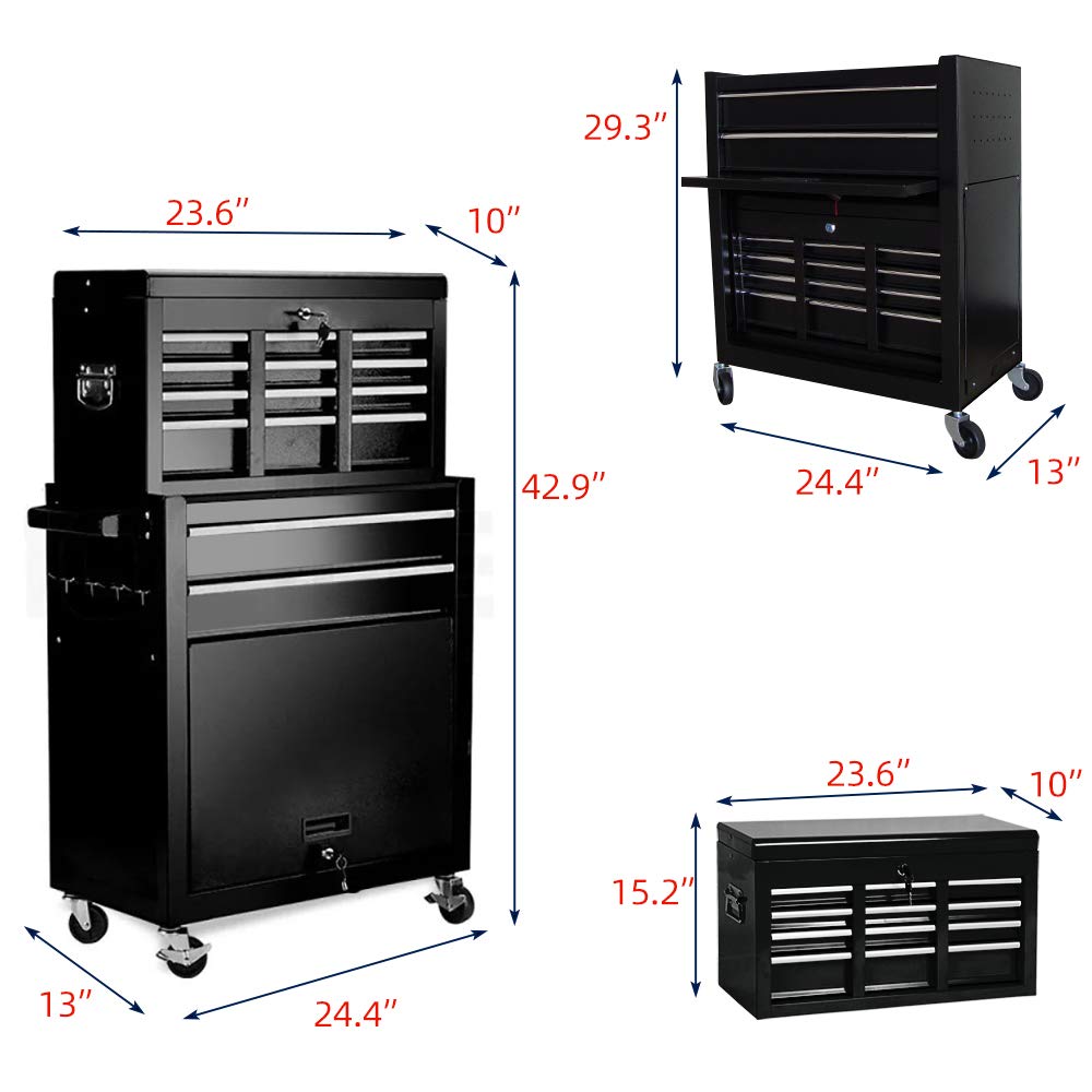 8-Drawer Rolling Tool Chest - 2-in-1 High Capacity Tool Box & Detachable Organizer, Heavy-Duty Tool Storage Cabinet with 4 Wheels & Lockable Lined Drawers for Garage, Warehouse, Workshop, DIY Projects (Black) - Perfect for Mechanics, Carpenters, and Home Improvement Enthusiasts