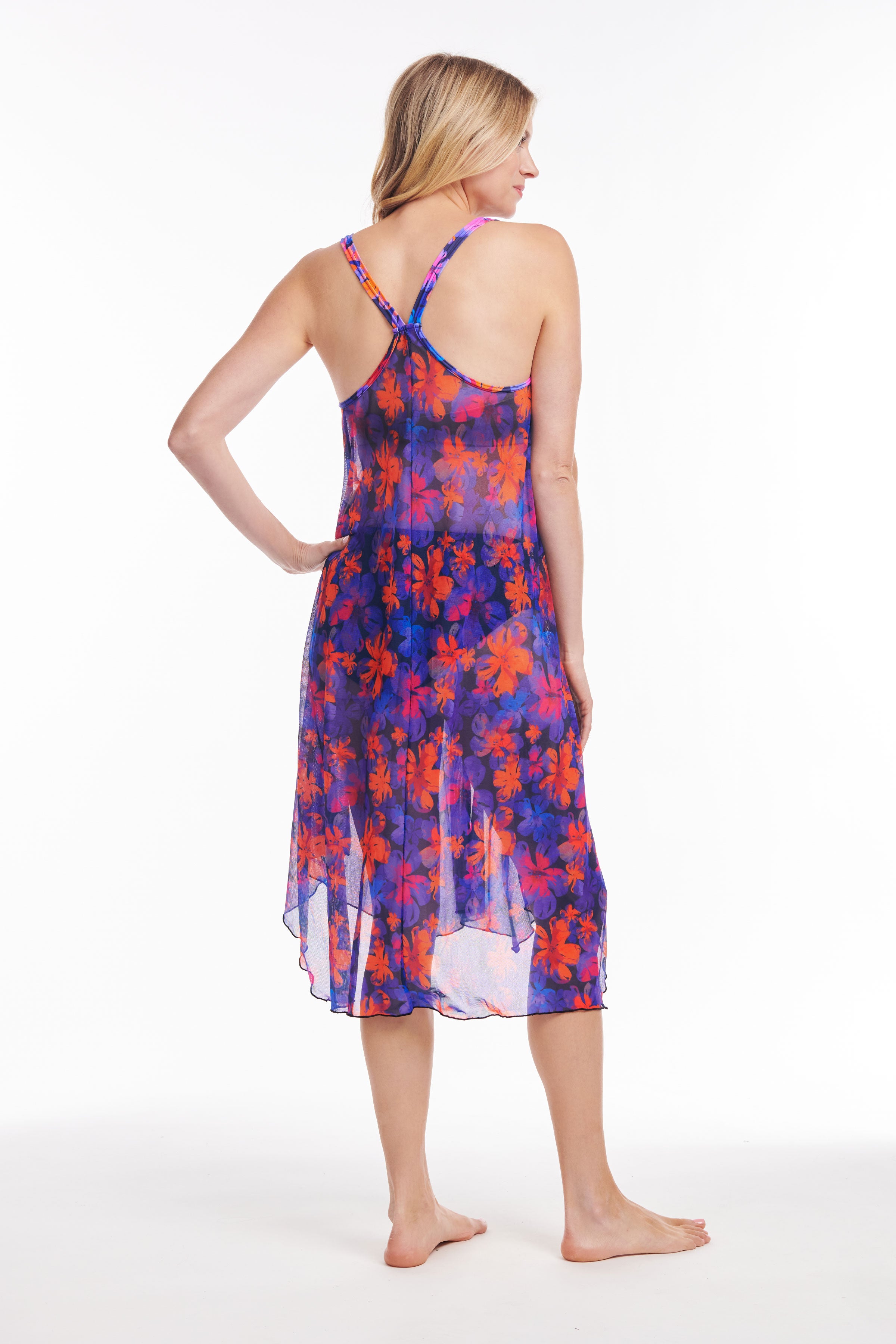 Iridescent Blooms Mid-Length Flowy Mesh Coverup Tank Dress - Perfect for Beach, Pool, and Summer Outings