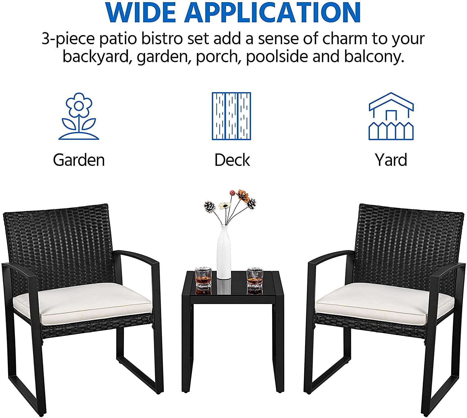 3-Piece Modern Bistro Set - All-Weather Rattan Patio Conversation Set with Coffee Table for Porch, Balcony, Backyard & Garden Outdoor Furniture (Black & White) - Perfect for Relaxing, Entertaining & Small Space Decor