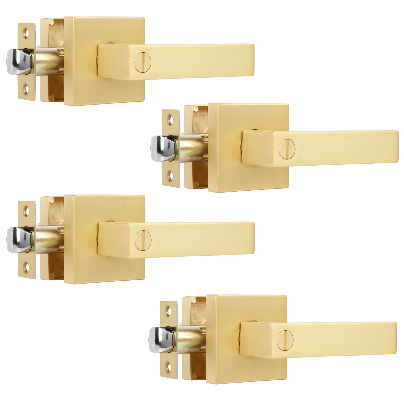 4 Pack Heavy Duty Square Privacy Door Locks - Gold Bathroom/Bedroom Keyless Entry Lever Handle (Left/Right Reversible) - Perfect for Home, Office, Hotel & Commercial Spaces