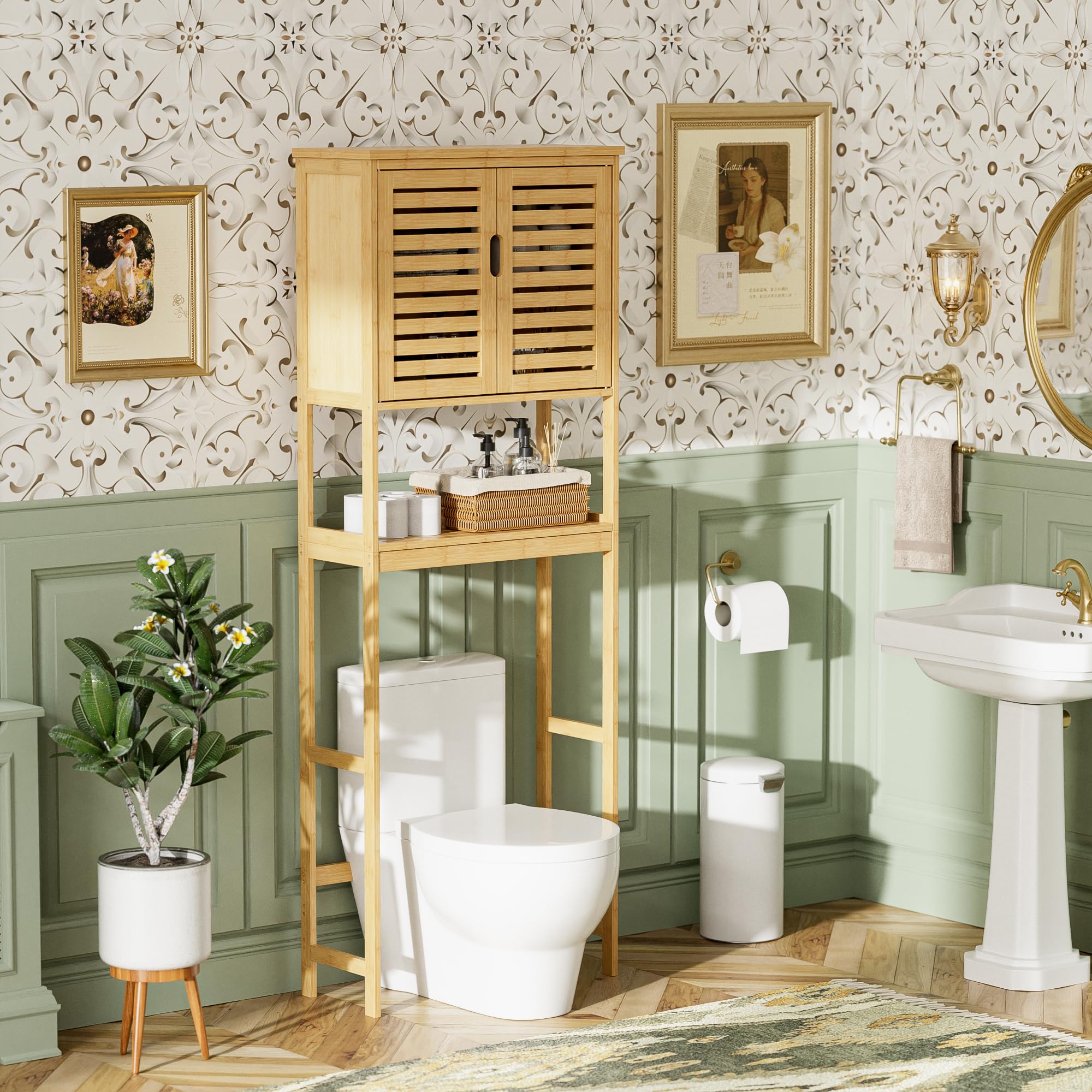 SMIBUY Over The Toilet Storage Cabinet - 2 Door Bamboo Bathroom Organizer with Adjustable Shelves | Freestanding Space Saver Toilet Rack for Small Bathrooms | Perfect for Towels, Toiletries & Bathroom Essentials (Natural)