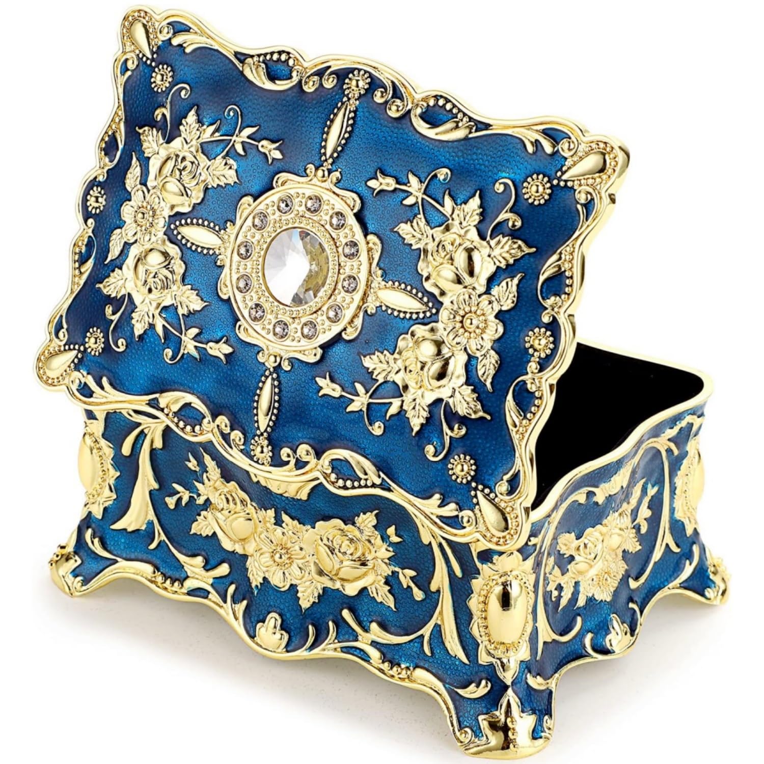 Vintage Metal Jewelry Box - Small Multi-Compartment Treasure Chest Case, Rectangle Trinket Organizer for Earrings, Rings, Necklaces & Bracelets - Golden Blue Keepsake Storage Box for Women & Girls - Perfect for Travel, Home Decor & Gift Giving