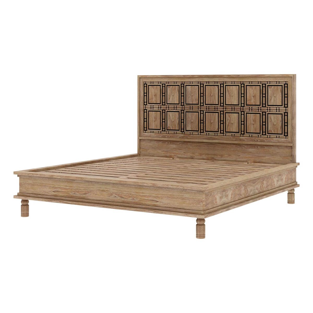 Hand Carved Solid Wood Traditional Platform Bed with Headboard - Queen Size Wooden Bed Frame for Master Bedroom, Guest Room & Modern Home Decor
