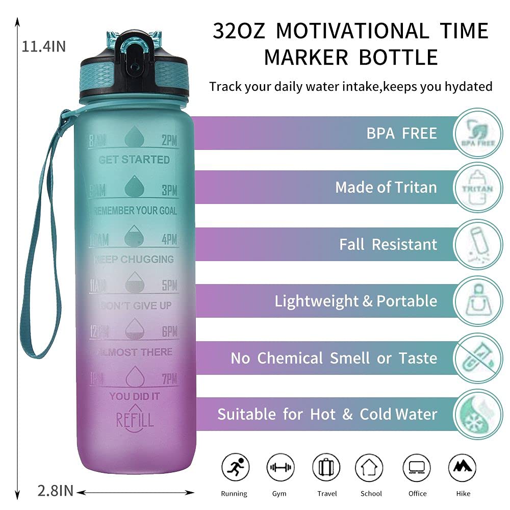 32oz Motivational Water Bottle with Time Marker & Straw - BPA Free, Fast Flow, Non-Toxic - Ideal for Gym, Fitness & Outdoor Sports - Perfect for Hydration Tracking During Workouts, Hiking & Running (Green & Purple)