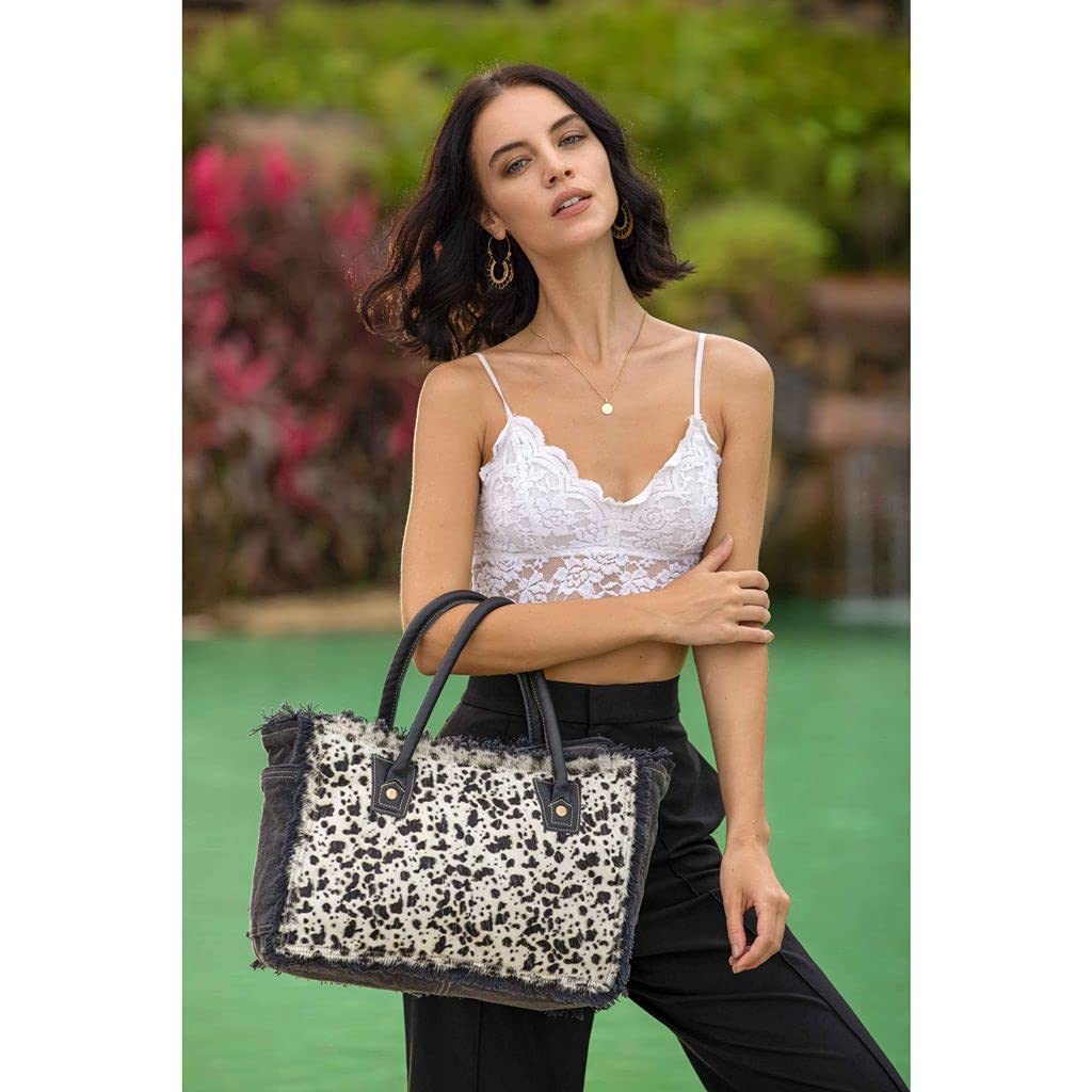 Myra Silver Surfer Cowhide Bag - Upcycled Leather & Canvas for Travel & Work