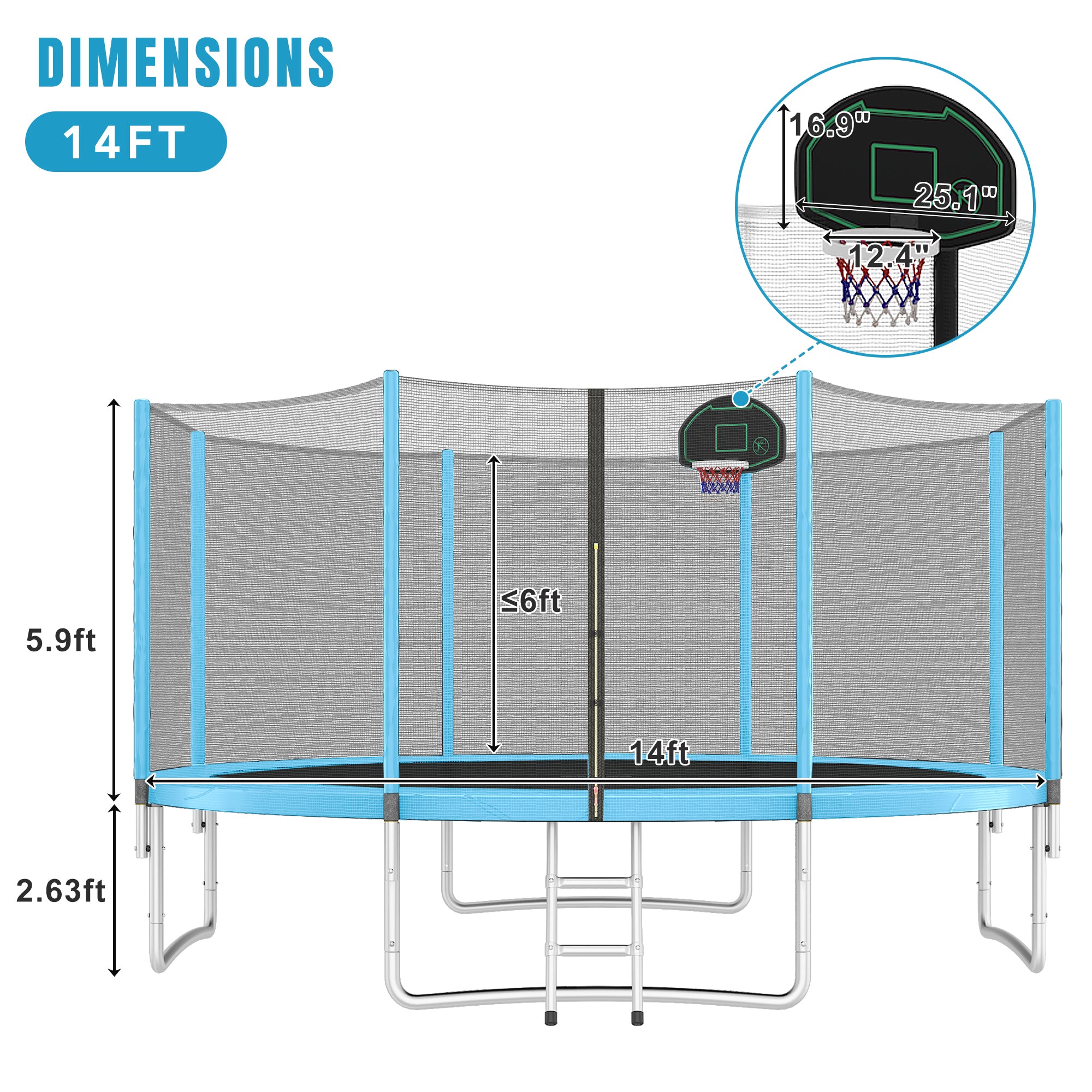14FT Kids Trampoline with Safety Enclosure Net, Basketball Hoop & Ladder - Easy Assembly Round Outdoor Trampoline for Backyard Fun & Exercise