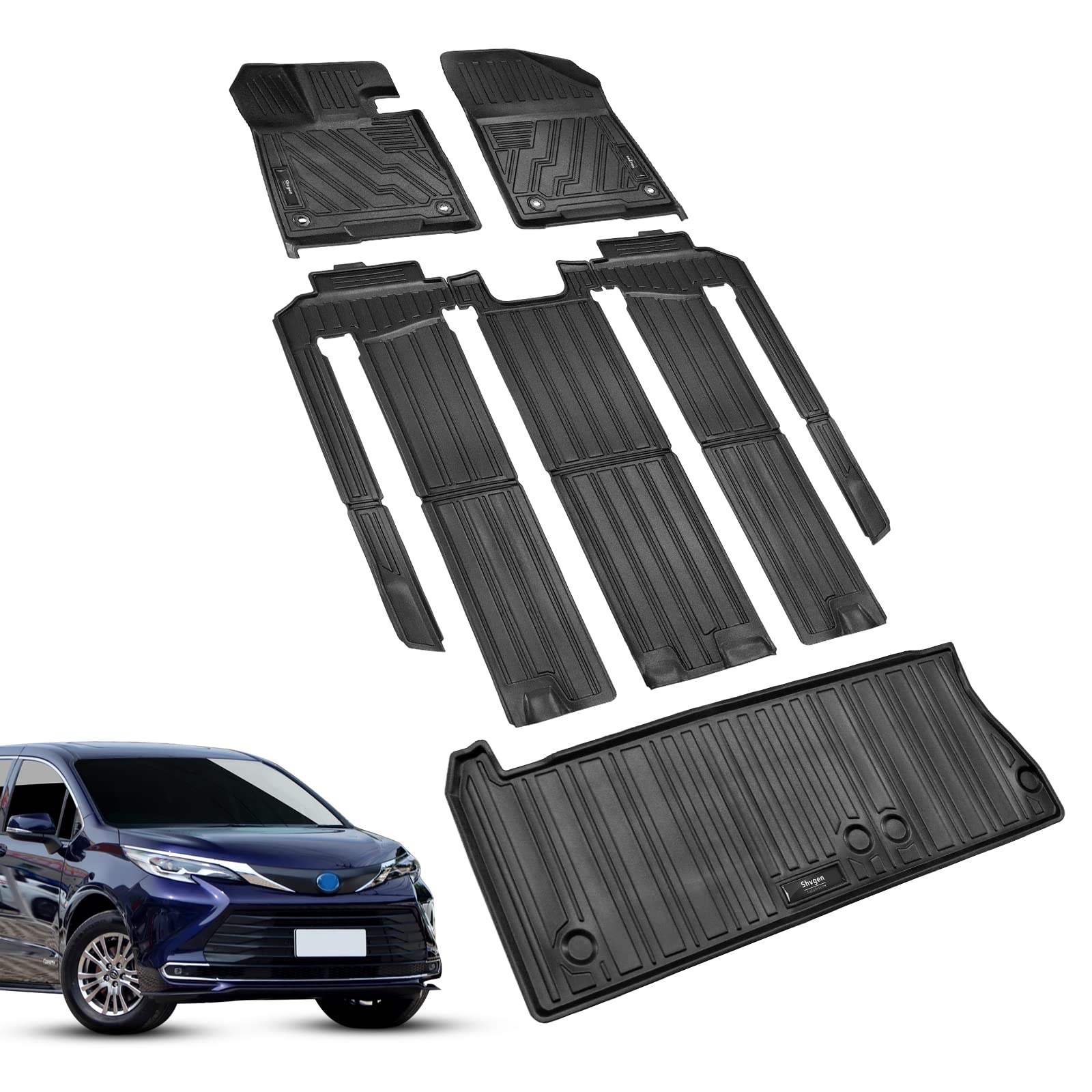 All-Weather Car Floor Mats & Cargo Liner for Toyota Sienna 2021-2025 (7-Seater with Spare Tire) - 3rd Row & Trunk Protection - Durable Black Rubber Mats - Perfect for Family Road Trips, Daily Commutes & Outdoor Adventures