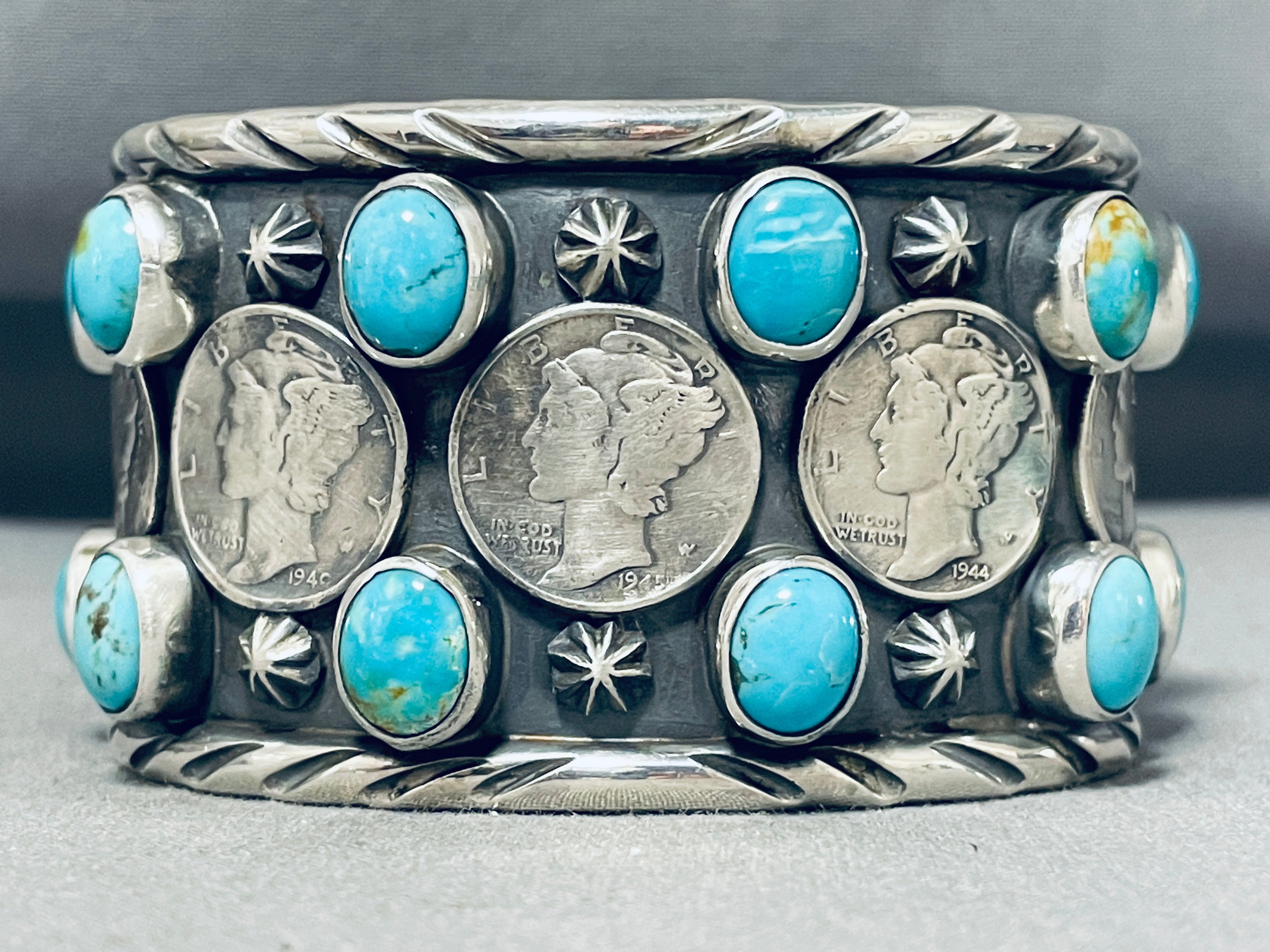102 Gram Heavy San Felipe Turquoise Sterling Silver Coin Bracelet for Women - Handmade Southwest Native American Jewelry - Perfect for Boho Fashion, Gift Giving & Special Occasions