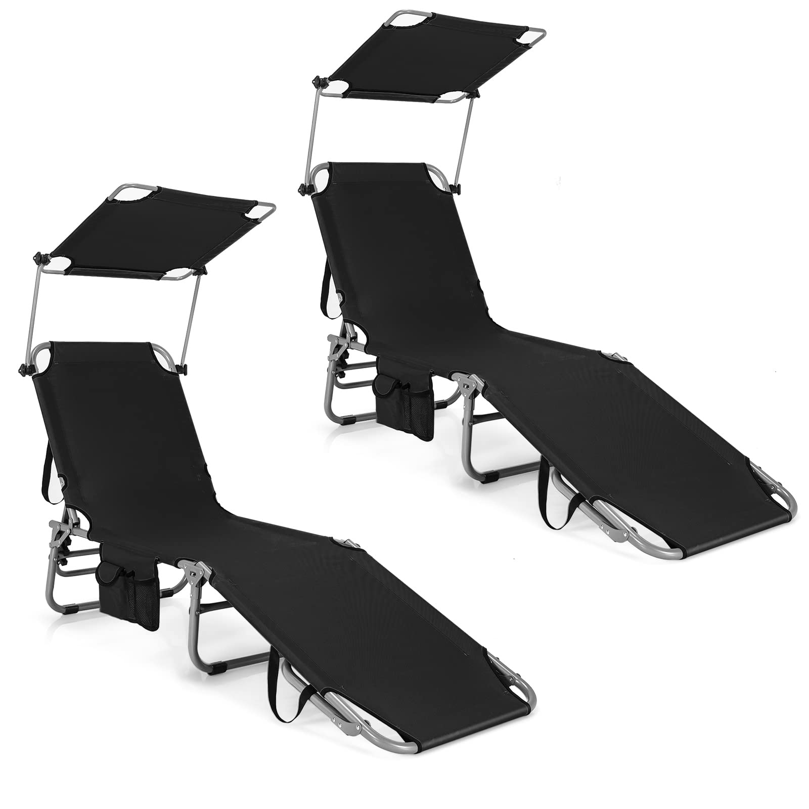 **Tangkula 5-Position Folding Chaise Lounge Chair - Adjustable Reclining Beach Chair with 360° Canopy Shade & Side Storage Pocket - Portable Outdoor Patio Recliner for Sunbathing, Poolside, Backyard, Camping (Black, 2-Pack)**