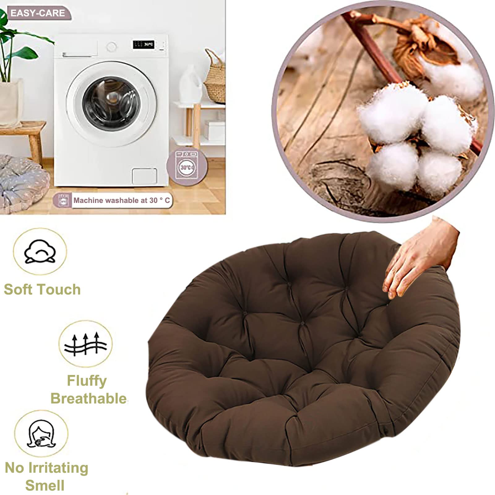 Premium Papasan Chair Cushion for Outdoor Egg Chairs & Rattan Swivel Chairs - Thick Comfortable Swing Chair Cushion (51.1 inch/130cm Coffee) - Indoor & Outdoor Use - Perfect for Patio, Garden, Sunroom & Relaxation