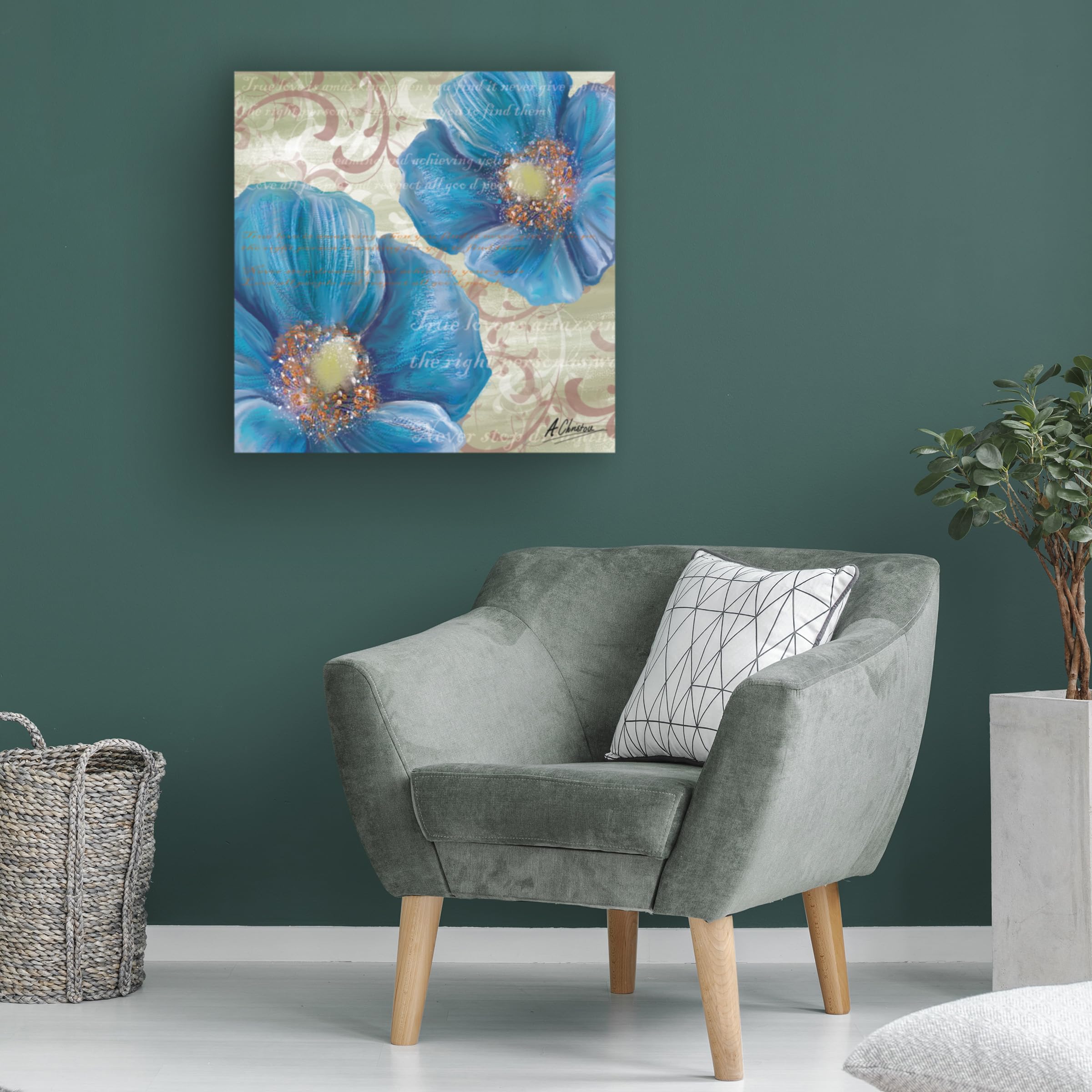 Anthony Christou Blue Poppies and Text 2 Canvas Art Print - Modern Floral Wall Decor for Living Room, Bedroom & Office - Trademark Fine Art Collection
