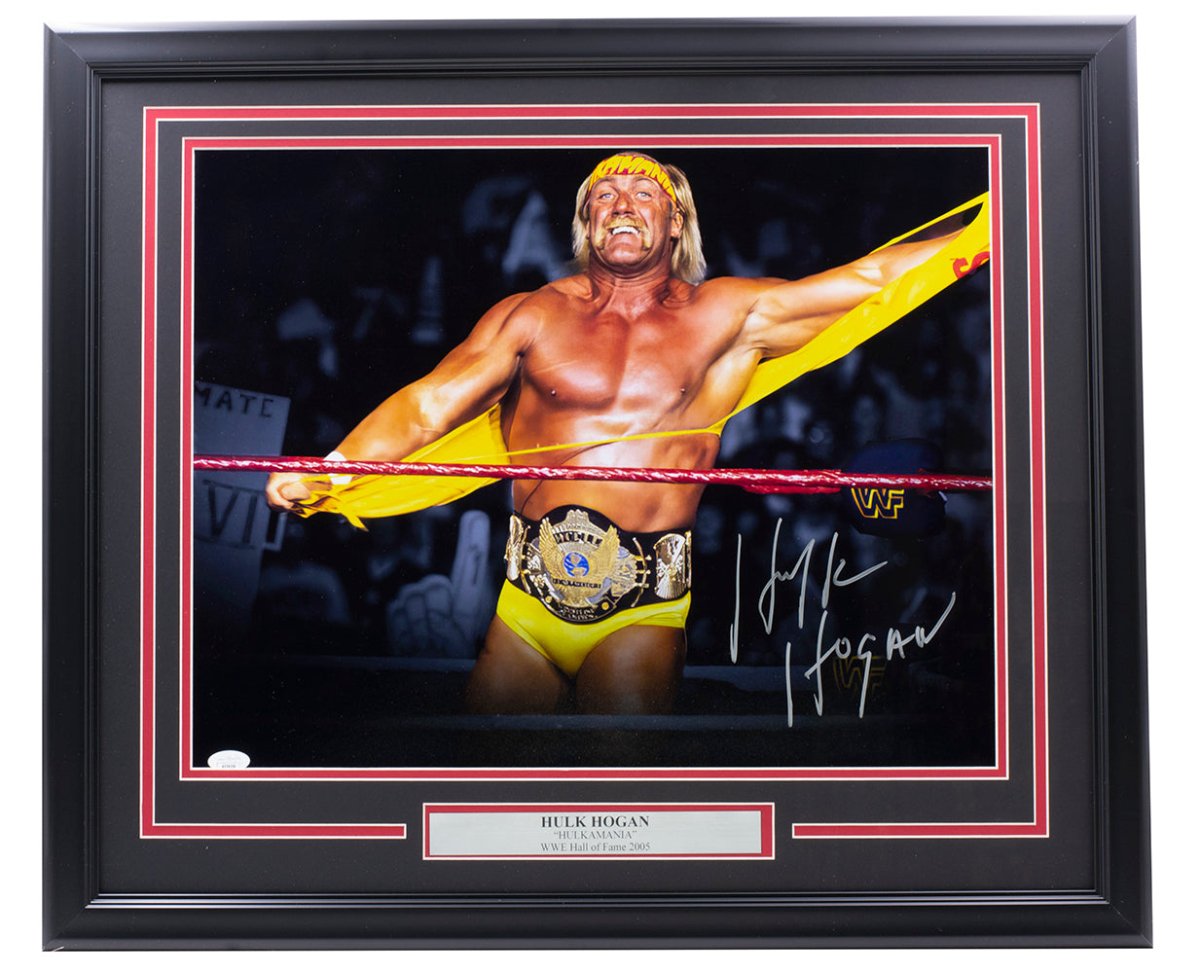 Hulk Hogan Autographed 16x20 WWE Championship Belt Wrestling Photo with JSA COA - Perfect for Wrestling Fans, Man Cave Decor, and Sports Memorabilia Collectors