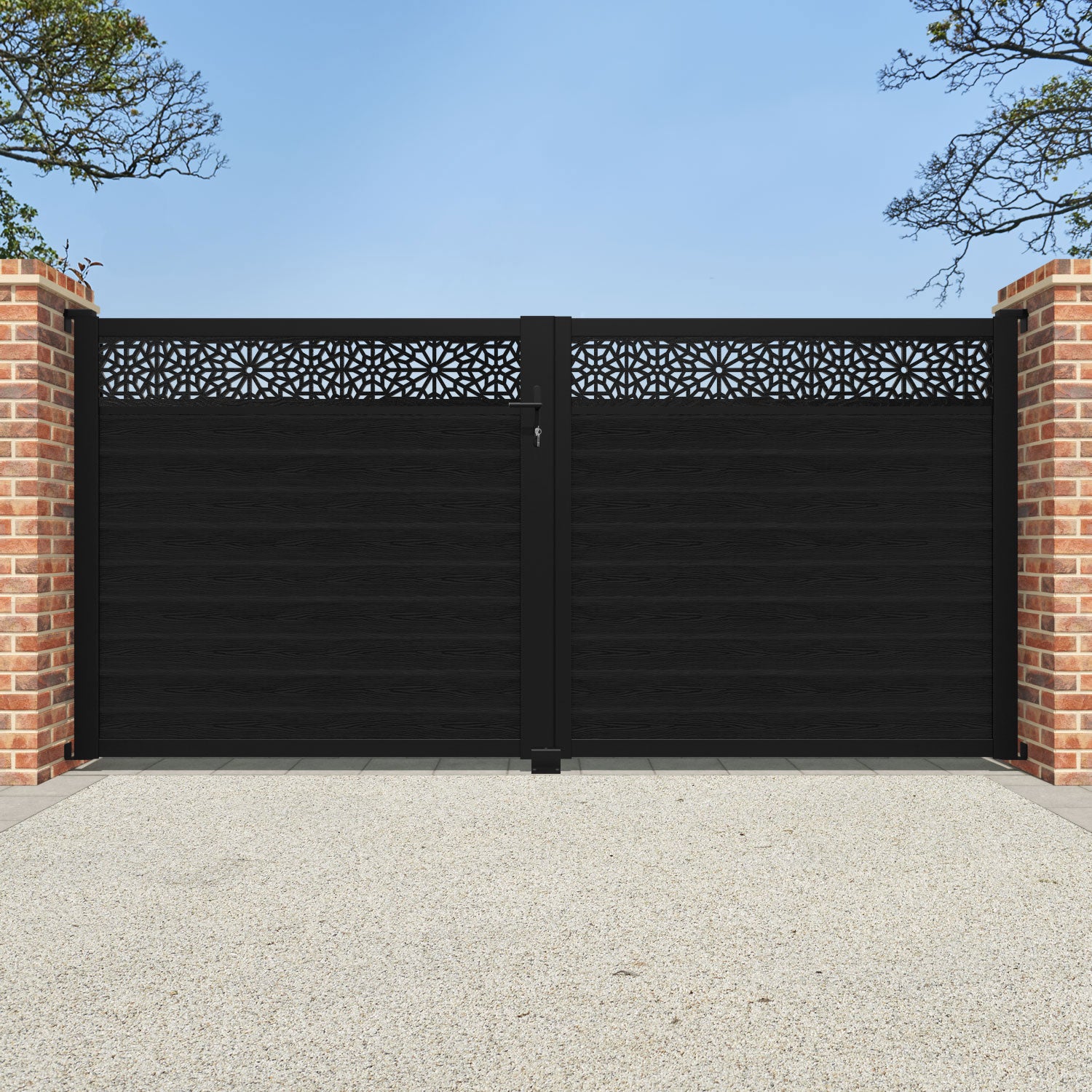 Classic Alnara Straight Top Driveway Gate - Black Powder-Coated Steel with Decorative Top Screen | Durable & Stylish Entryway Solution for Homes, Driveways & Commercial Properties
