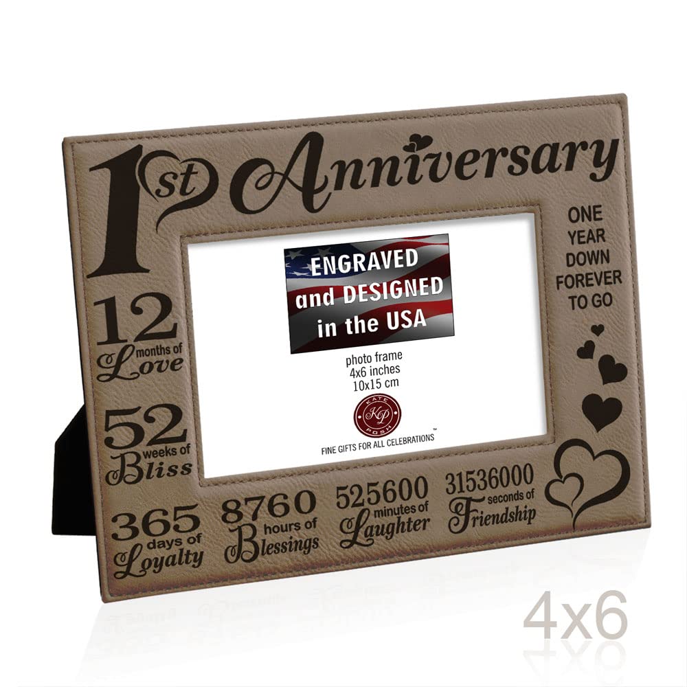 KATE POSH 1st Anniversary Engraved Leather Picture Frame - Personalized Couple Gift for Him & Her, 4x6 Horizontal Wedding Photo Frame | Perfect for Paper Anniversary, Home Decor, and Romantic Keepsakes