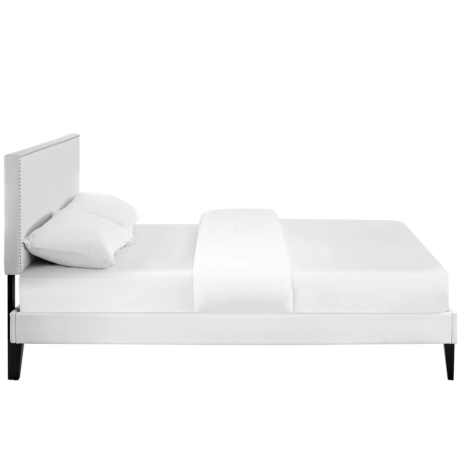 Modway Macie White Faux Leather Upholstered Full Size Platform Bed Frame with Tapered Legs - Modern Bedroom Furniture for Small Spaces & Guest Rooms
