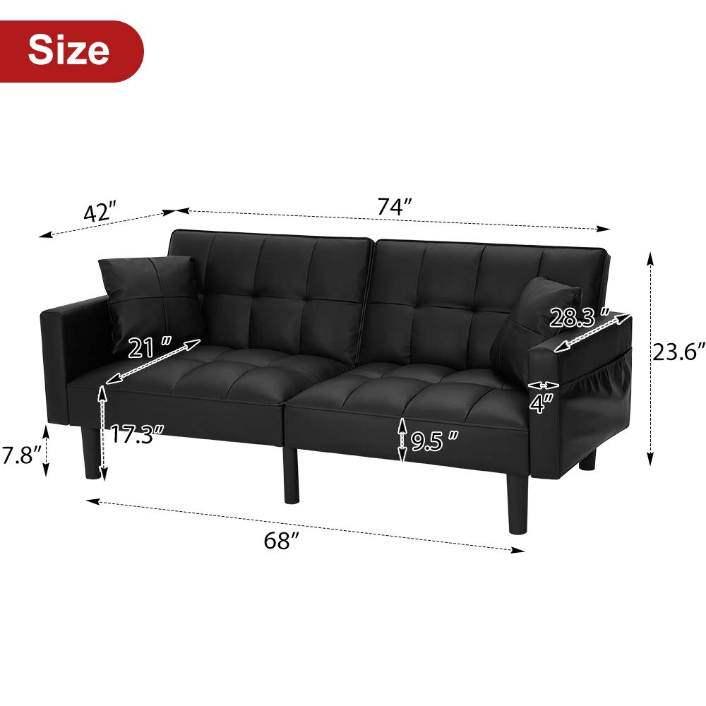 Modern Leather Convertible Futon Sofa Bed - Adjustable Back Recliner with Armrests - Folding Couch for Small Spaces - Black - Perfect for Living Rooms, Apartments & Guest Rooms
