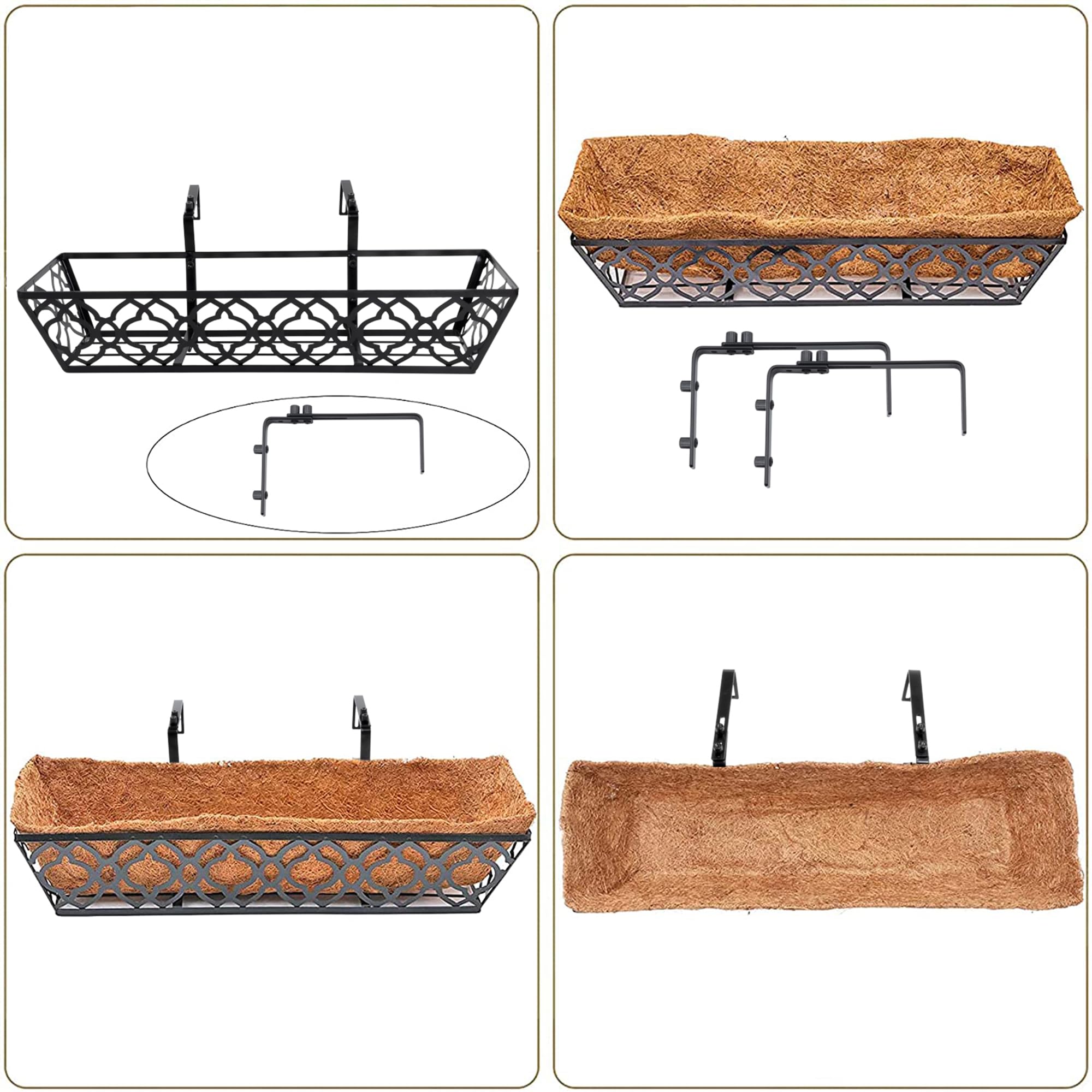4 Pack 30 Inch Window Box Planter with Coconut Coir Liner - Metal Hanging Flower Basket for Deck, Railing, Indoor & Outdoor Use - Perfect for Flowers, Herbs, and Decorative Plants
