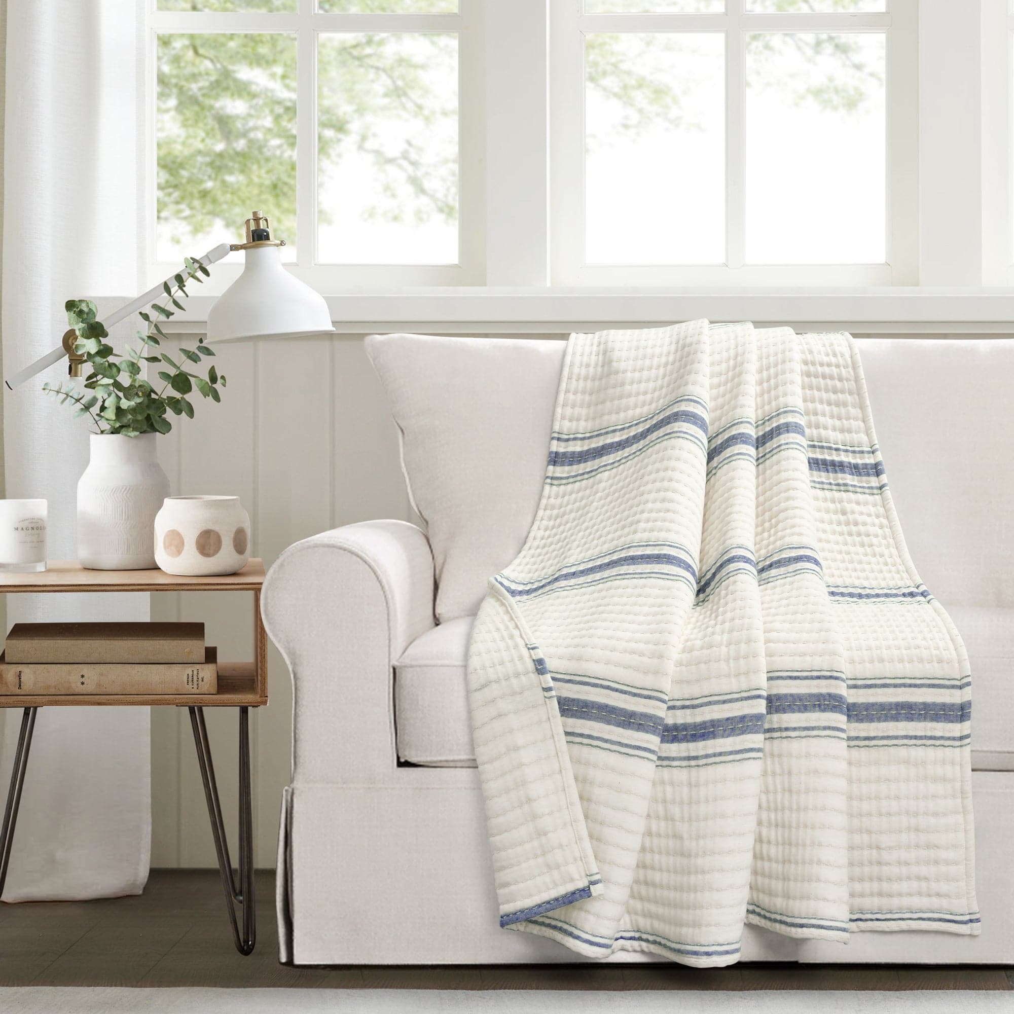 Farmhouse Stripe Kantha Pick Stitch Yarn Dyed Cotton Woven Throw Blanket - Cozy Handmade Cotton Afghan for Sofa, Bed & Home Decor