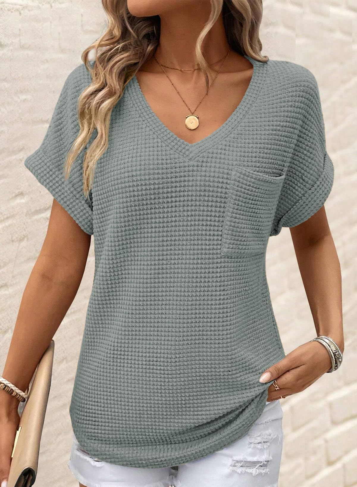 Dokotoo Women's Waffle Knit Tops - 2025 Spring Summer V-Neck Casual Blouses & Basic Tees | Trendy Shirts for Everyday Wear, Office & Weekend Outfits