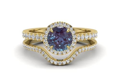 1.65 Carat Round Color Change Alexandrite Bridal Ring Set - Genuine Natural Gemstone Wedding Ring for Women - Perfect Anniversary Gift for Wife - Micro Pave Setting for Special Occasions & Evening Events